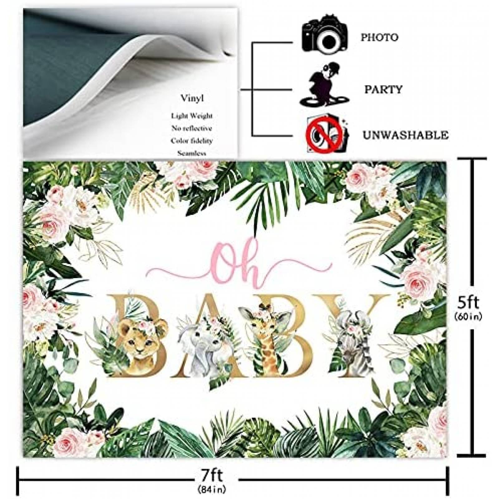 Telon de Fondo Avezano Safari Baby Shower 5x7ft -Blanco