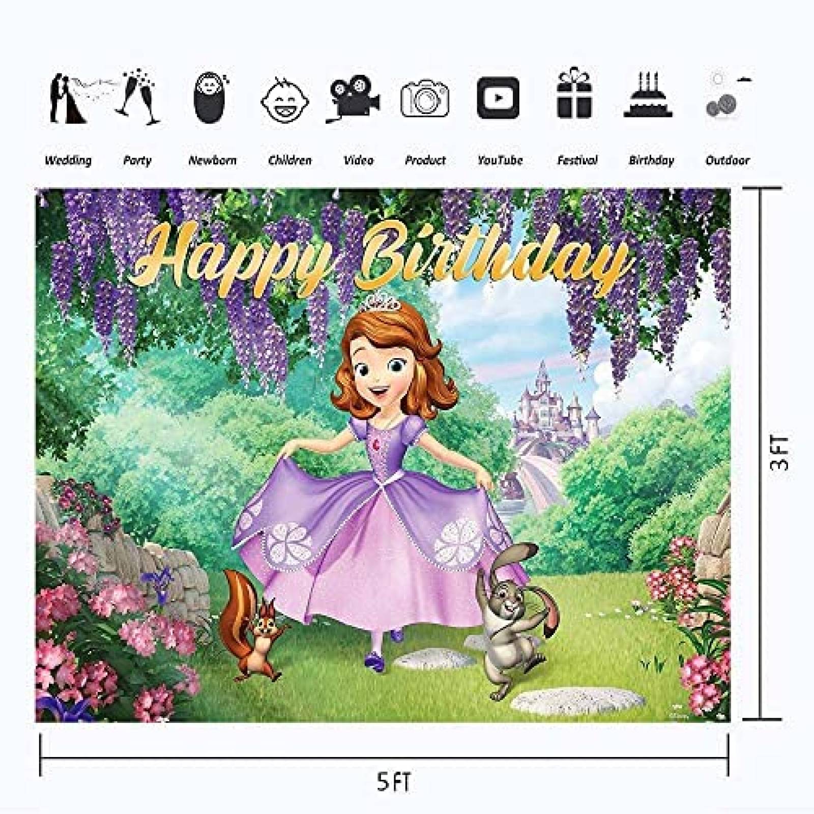 Fondo de Fotogragfia YouRan Cumpleaños 5x3ft -Princesa Sofia