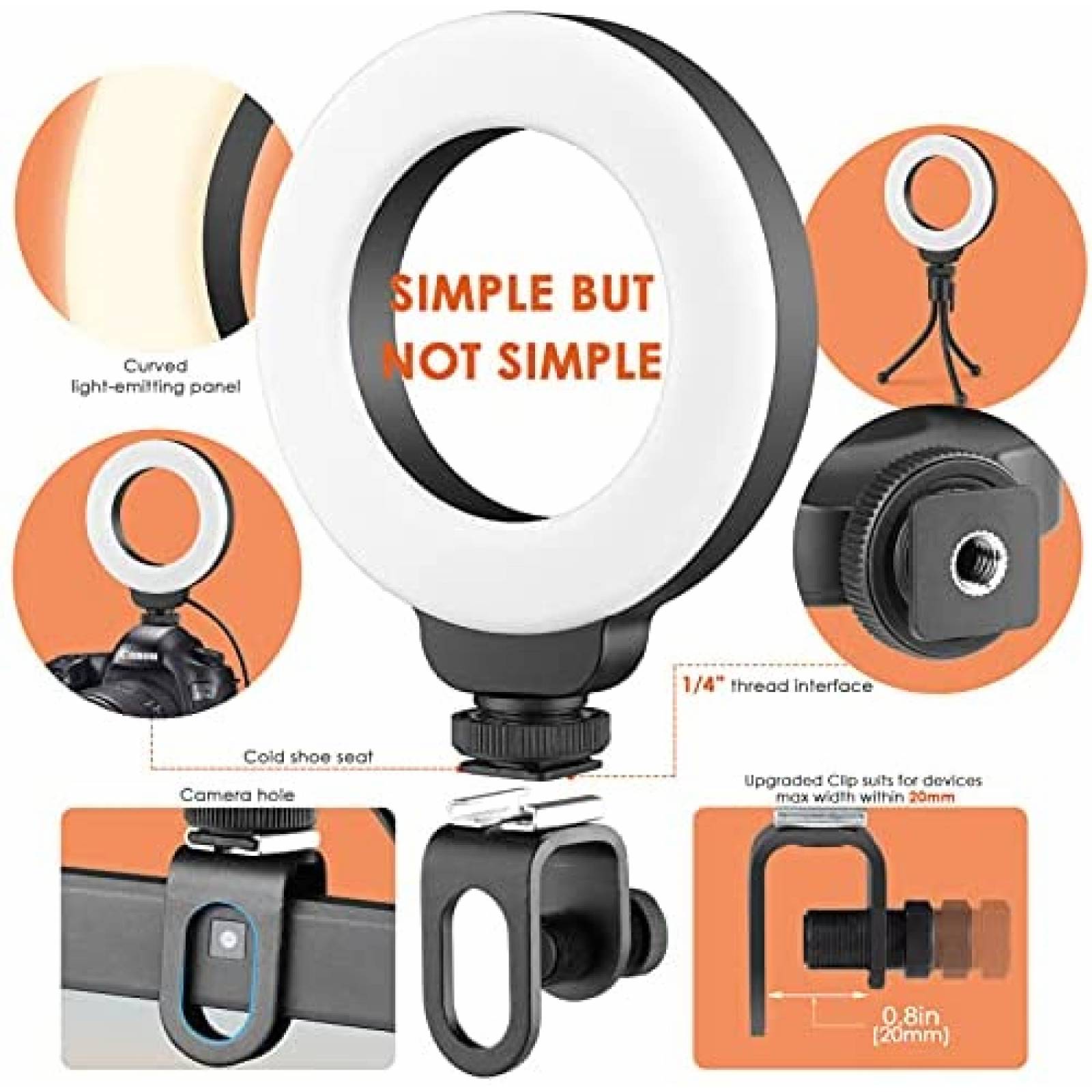 Aro de Luz LED AIXPI 4'' Clip-On para Celular/Laptop -Negro