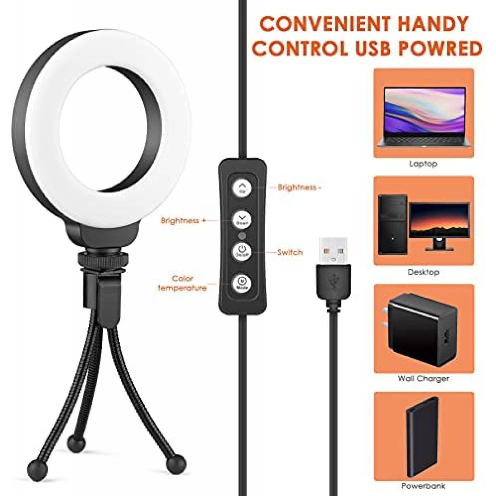 Aro de Luz LED AIXPI 4'' Clip-On para Celular/Laptop -Negro