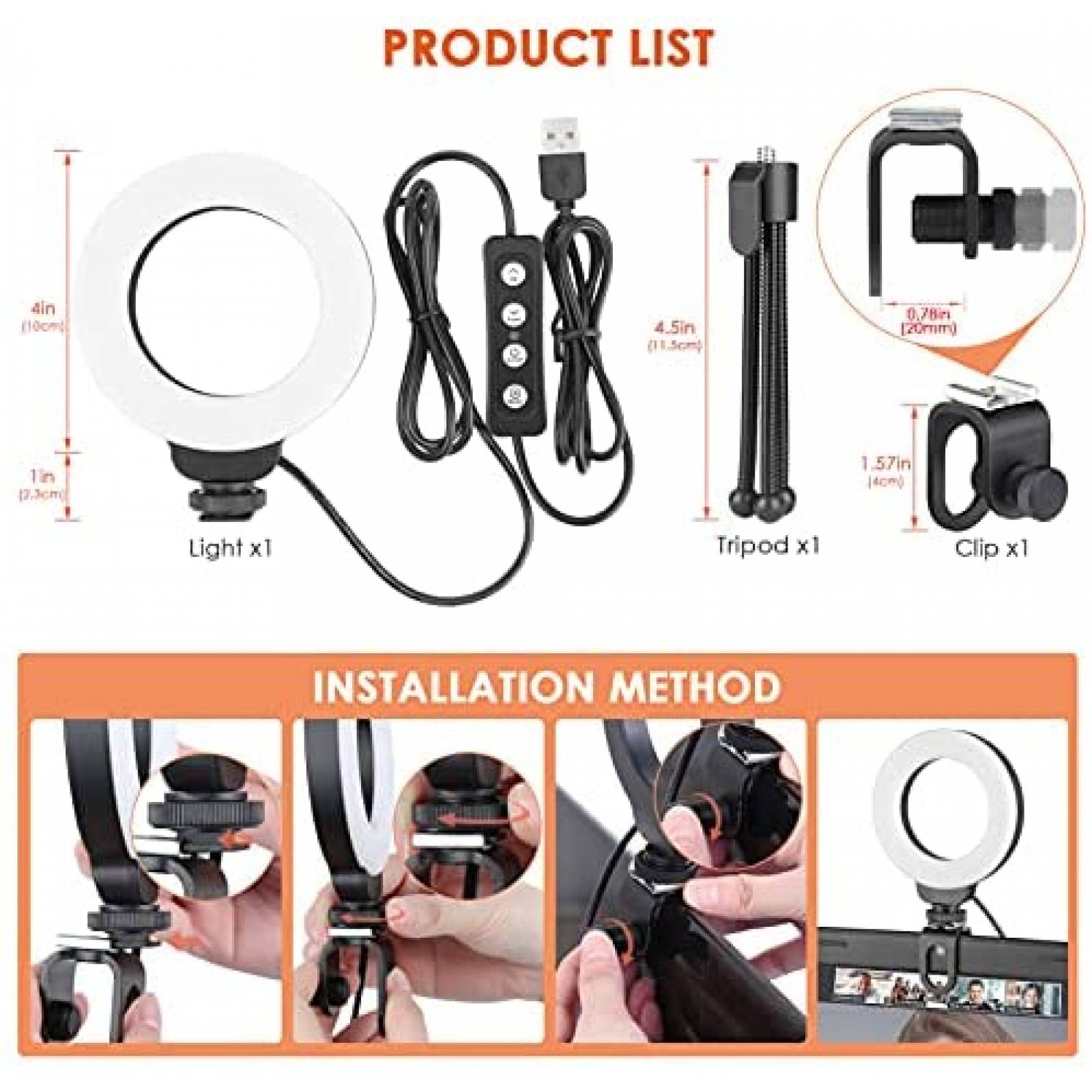 Aro de Luz LED AIXPI 4'' Clip-On para Celular/Laptop -Negro