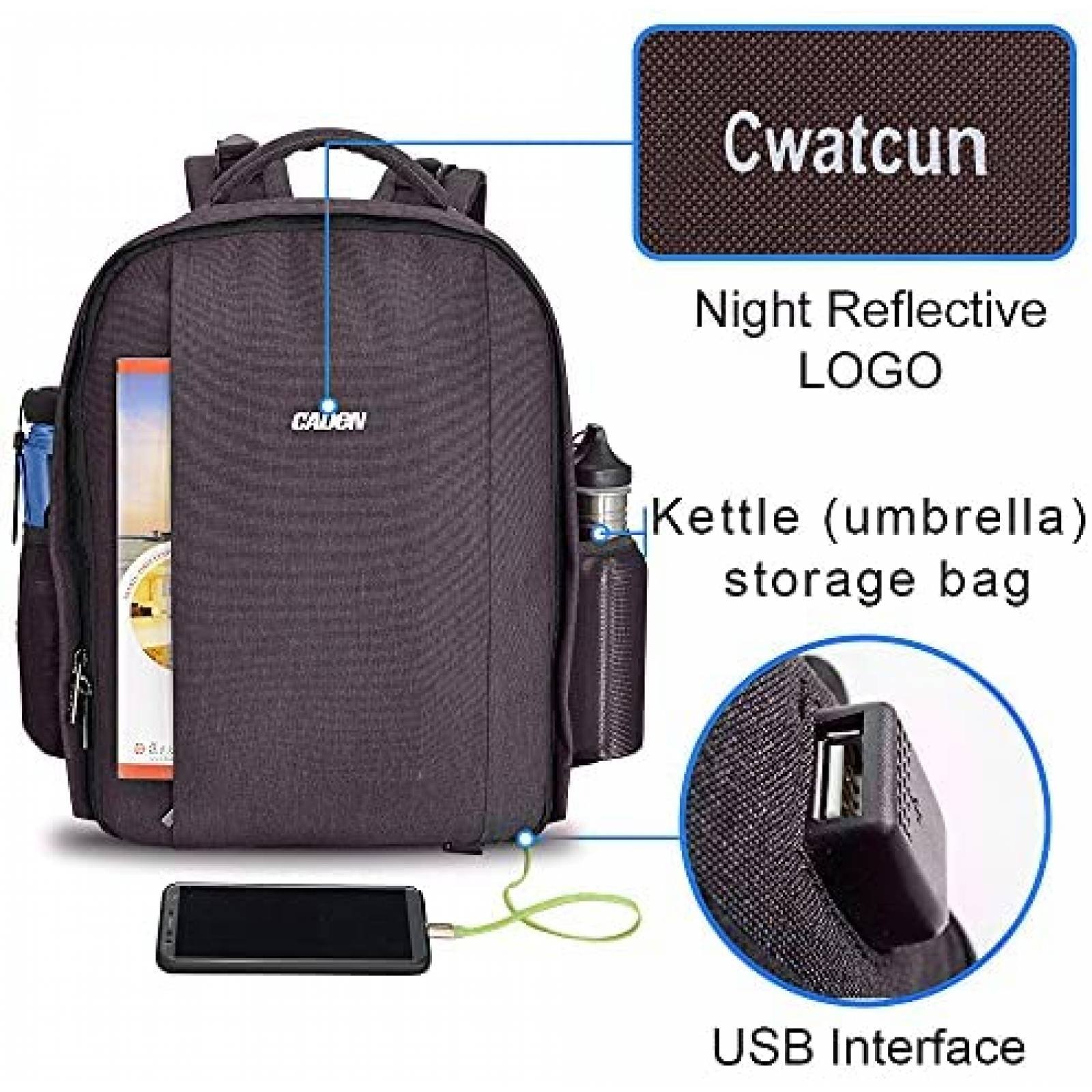 CWATCUN Mochila de cámara profesional DSLR con funda para lluvia, soporte  para trípode/puerto USB, mochila de fotografía impermeable para laptop de