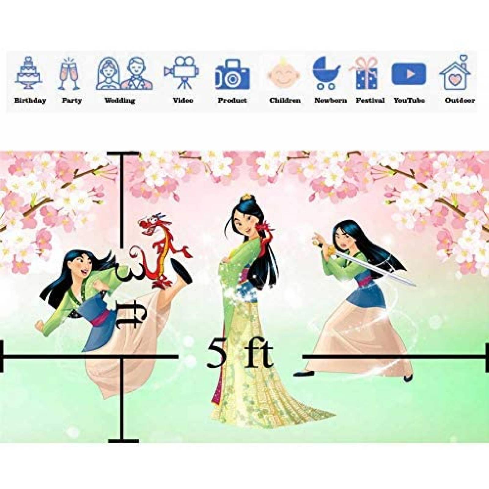 Fondo Smile World Mulan 5x3ft para fiesta de cumpleaños