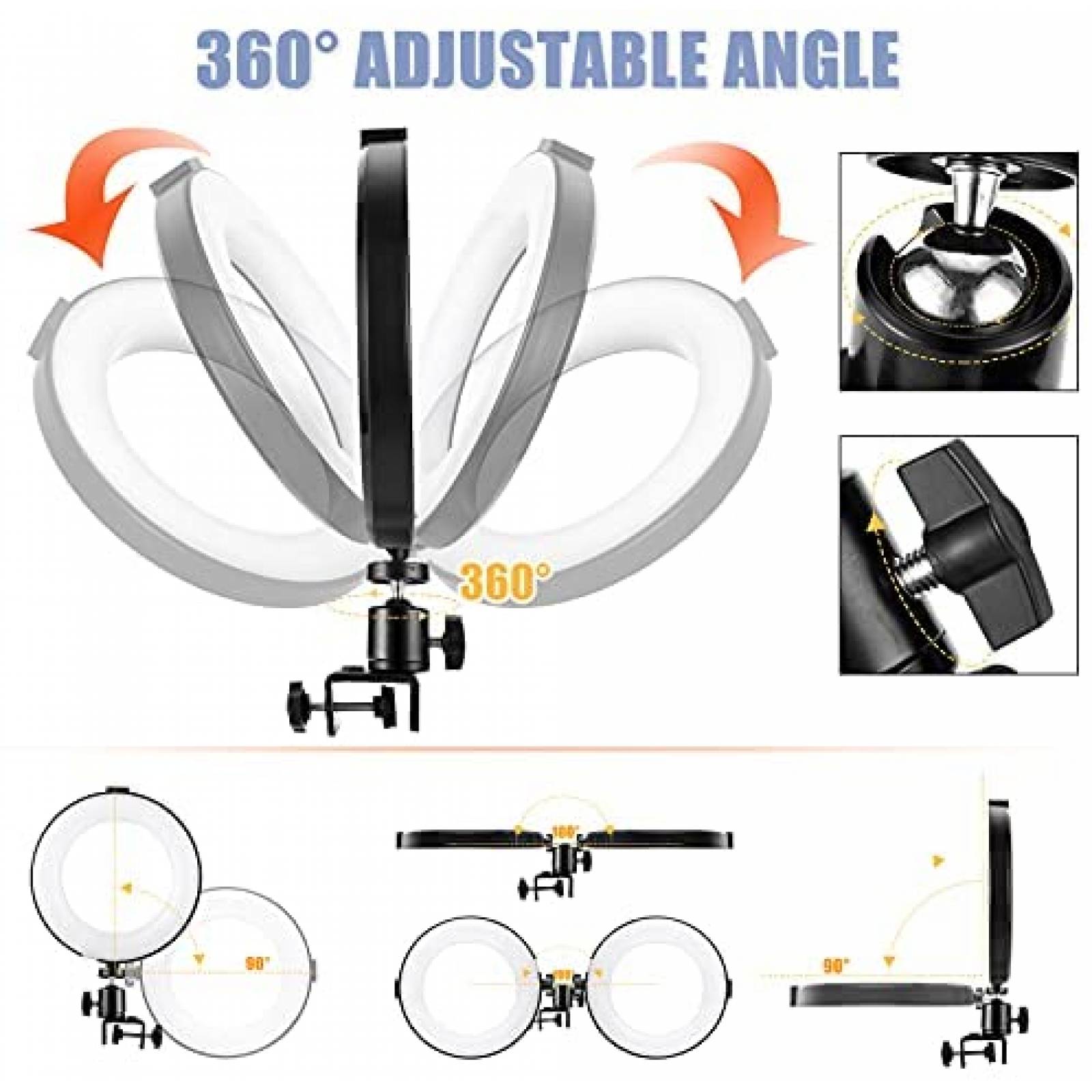 Aro de Luz Trípode LED 6,Anillo de Luz con Trípode para Tableta y Clip  para Laptops,Anillo de Luz Videoconferencia,5 Modos Luz 10 Niveles Brillo  para