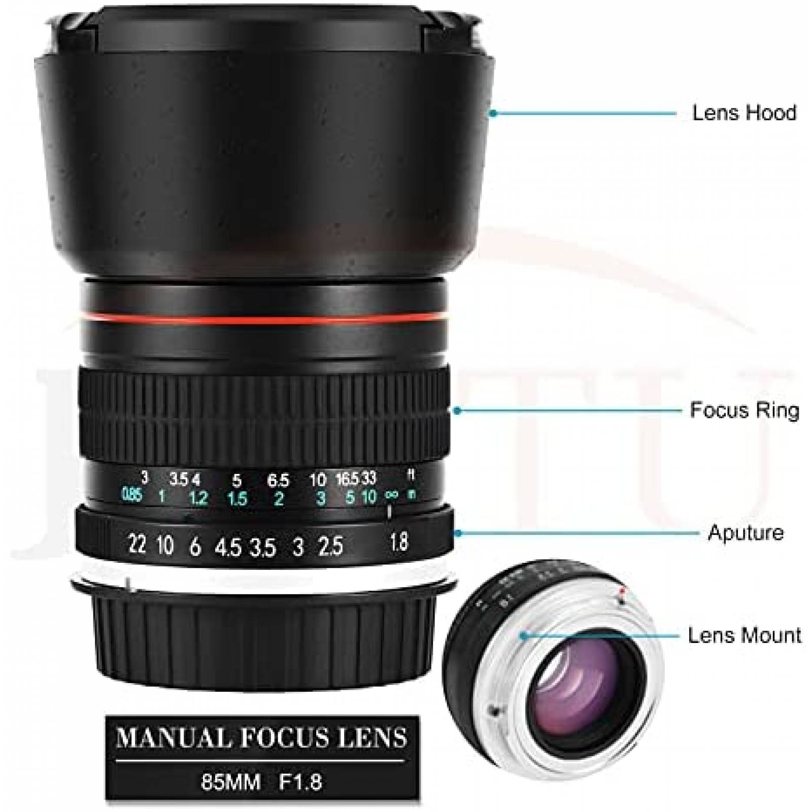 Lente JINTU 85mm F1.8 Manual Telephoto con Accesorios -Negro