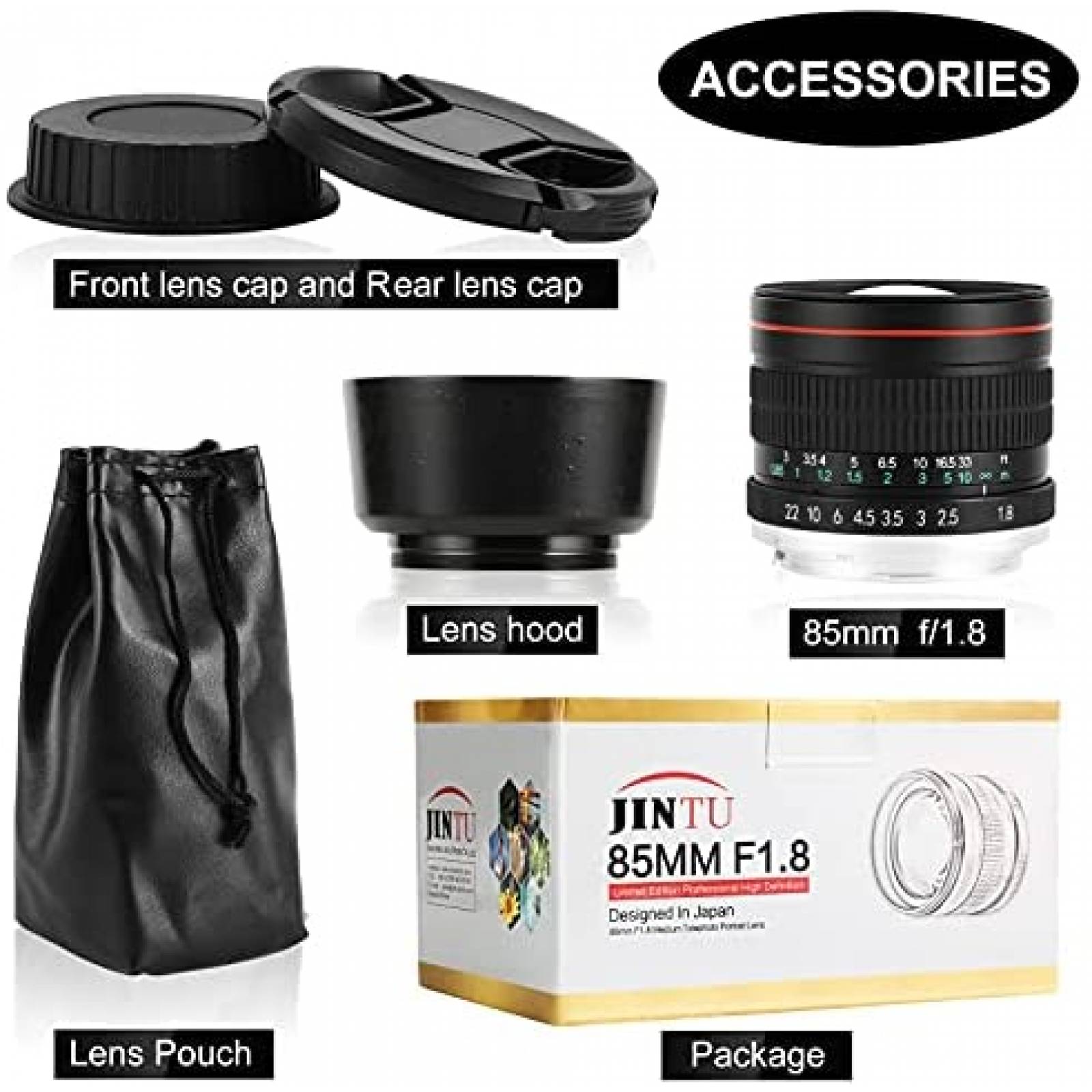 Lente JINTU 85mm F1.8 Manual Telephoto con Accesorios -Negro