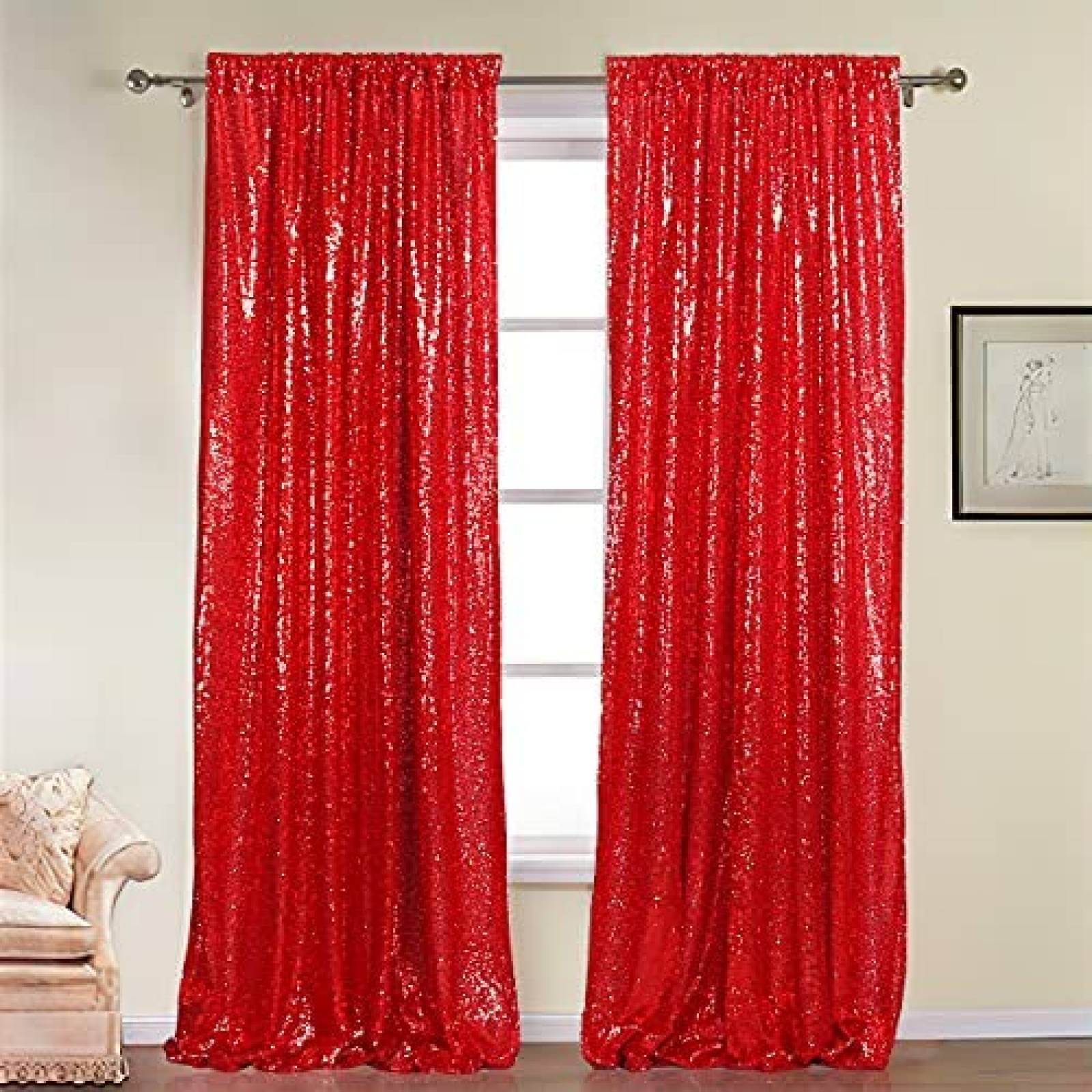 Telon de Fondo WEMOSI 2 Cortinas de Brillos 2.3x8ft -Rojo