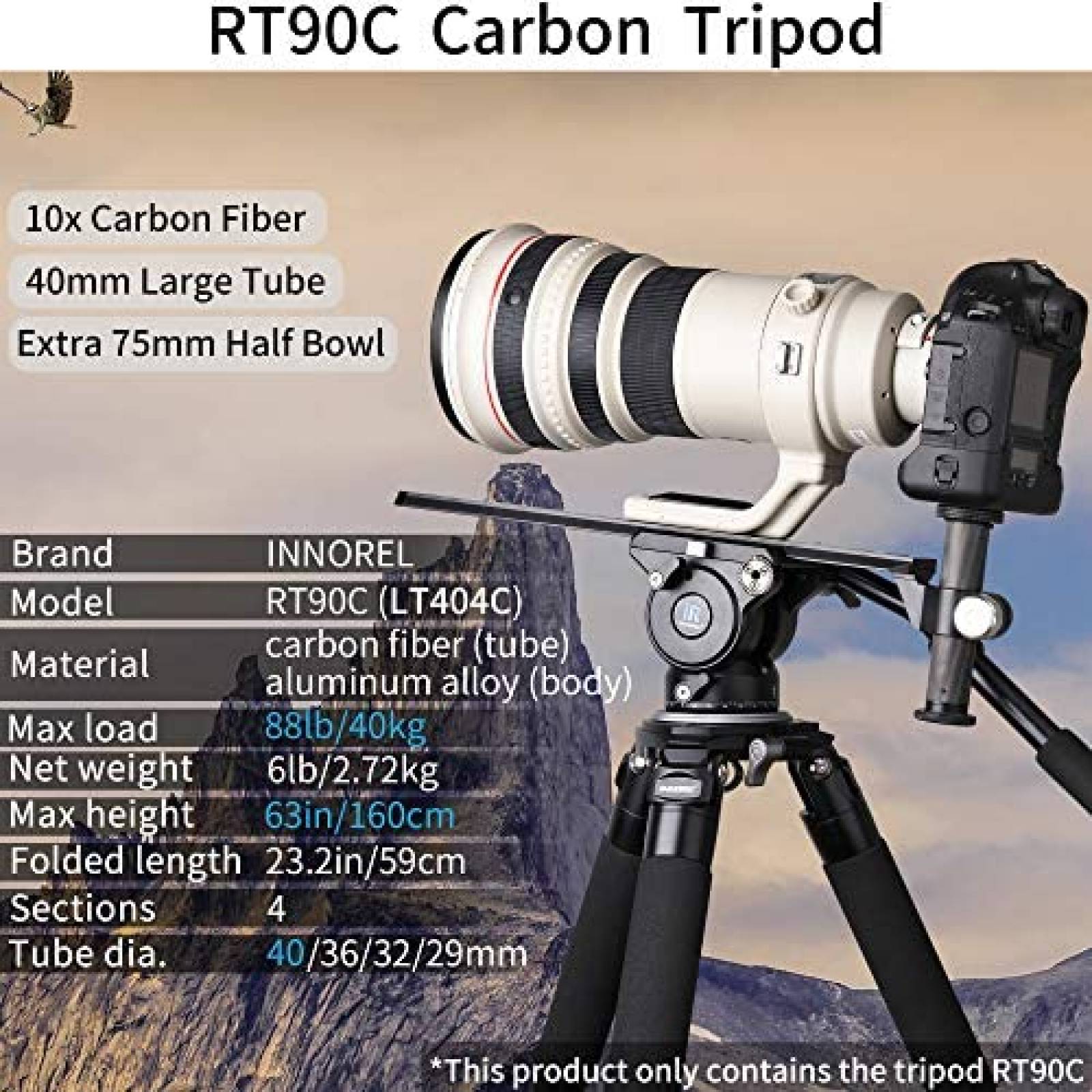 Tripoide INNOREL RT90C 63" 40mm fibra de carbono -Negro