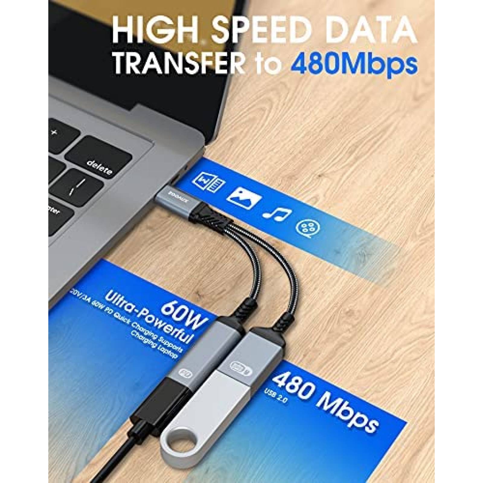 Adaptador ZOOAUX USB C a USB Hembra Con Puerto de carga 60 W
