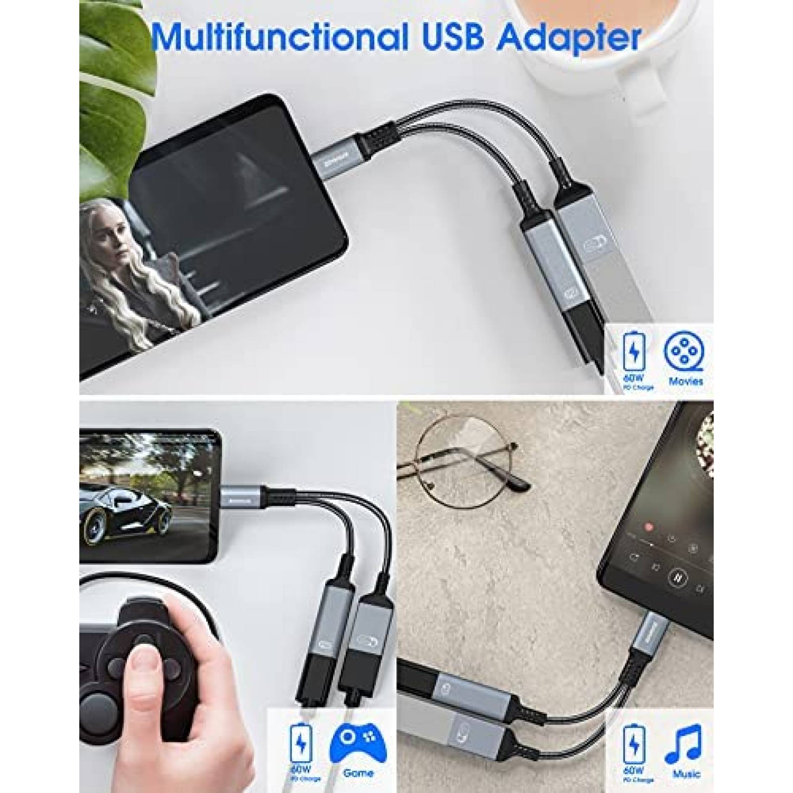 Adaptador ZOOAUX USB C a USB Hembra Con Puerto de carga 60 W