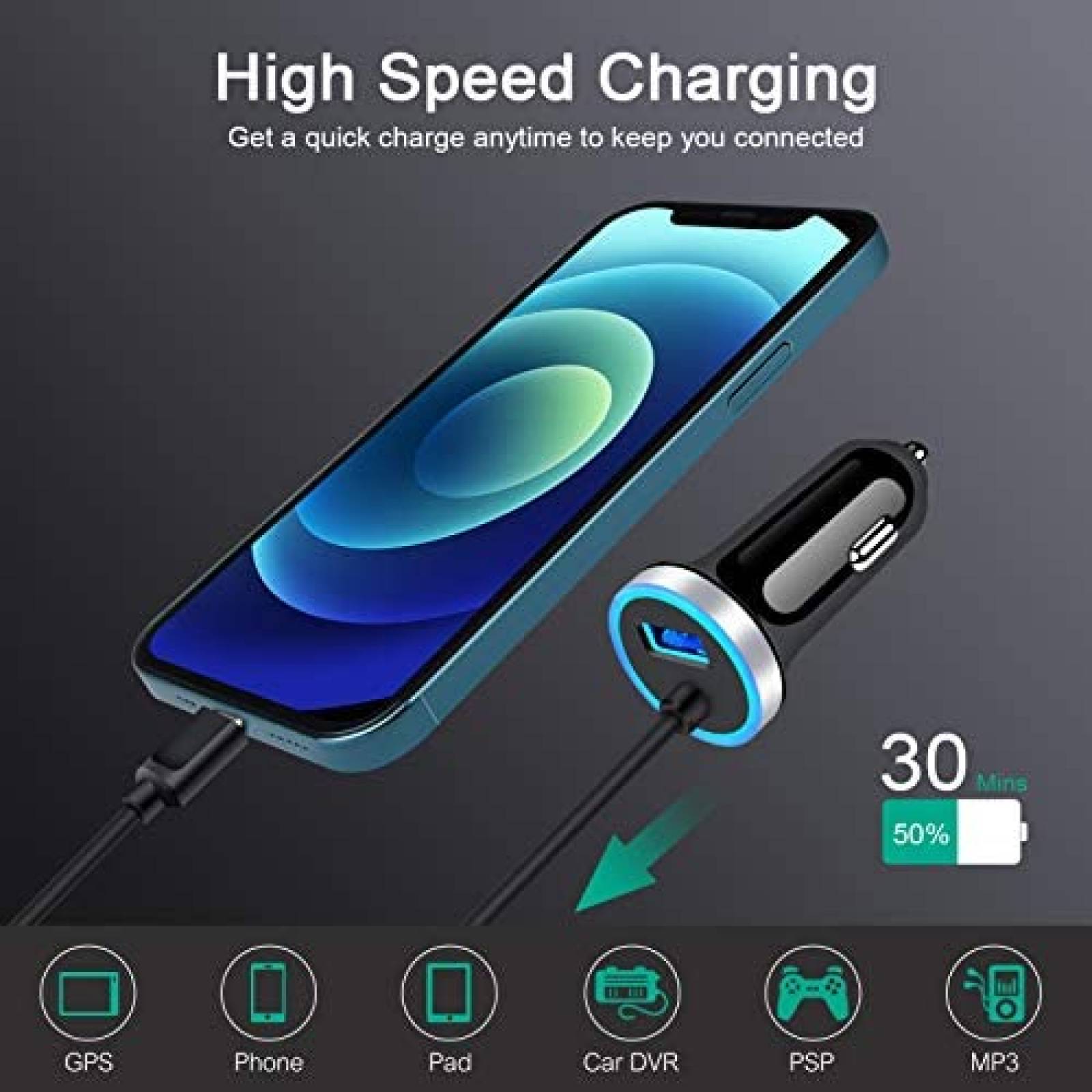 Cargador Cebkit RC8 De Coche Carga Rapida 3 ft USB C -Negro