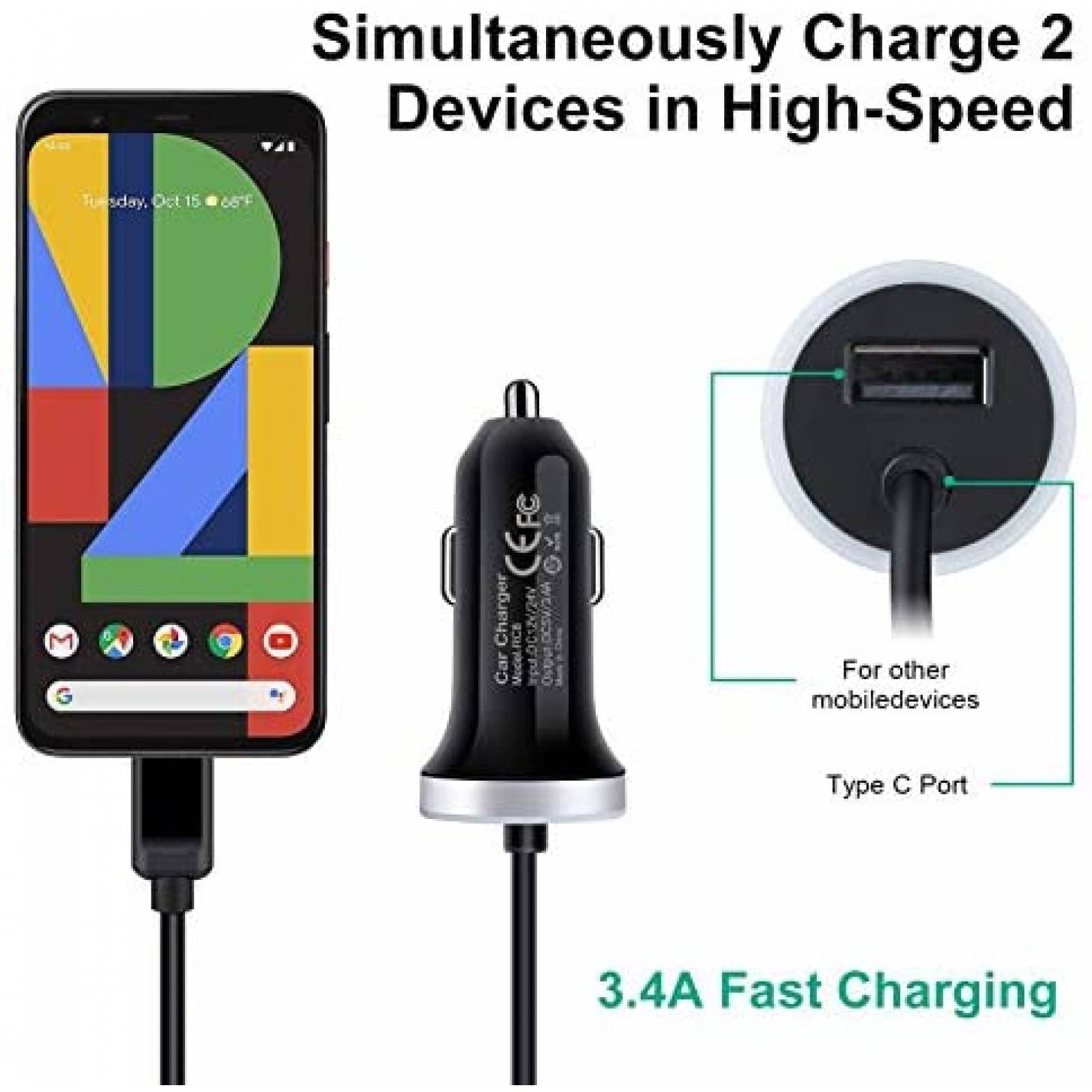 Cargador Cebkit RC8 De Coche Carga Rapida 3 ft USB C -Negro