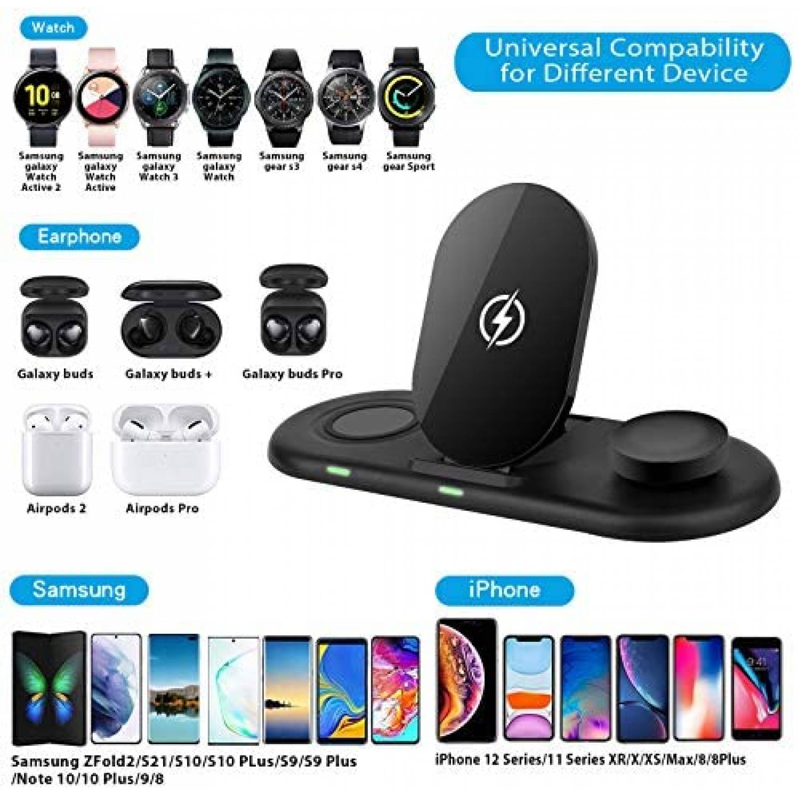 Stand de carga inalambrica 3 en 1 Lopnord 7.5W -Negro