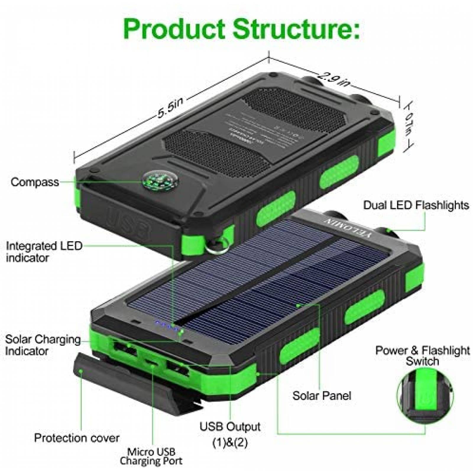 Cargador Solar YELOMIN S1008D Impermeable Compatible -Negro