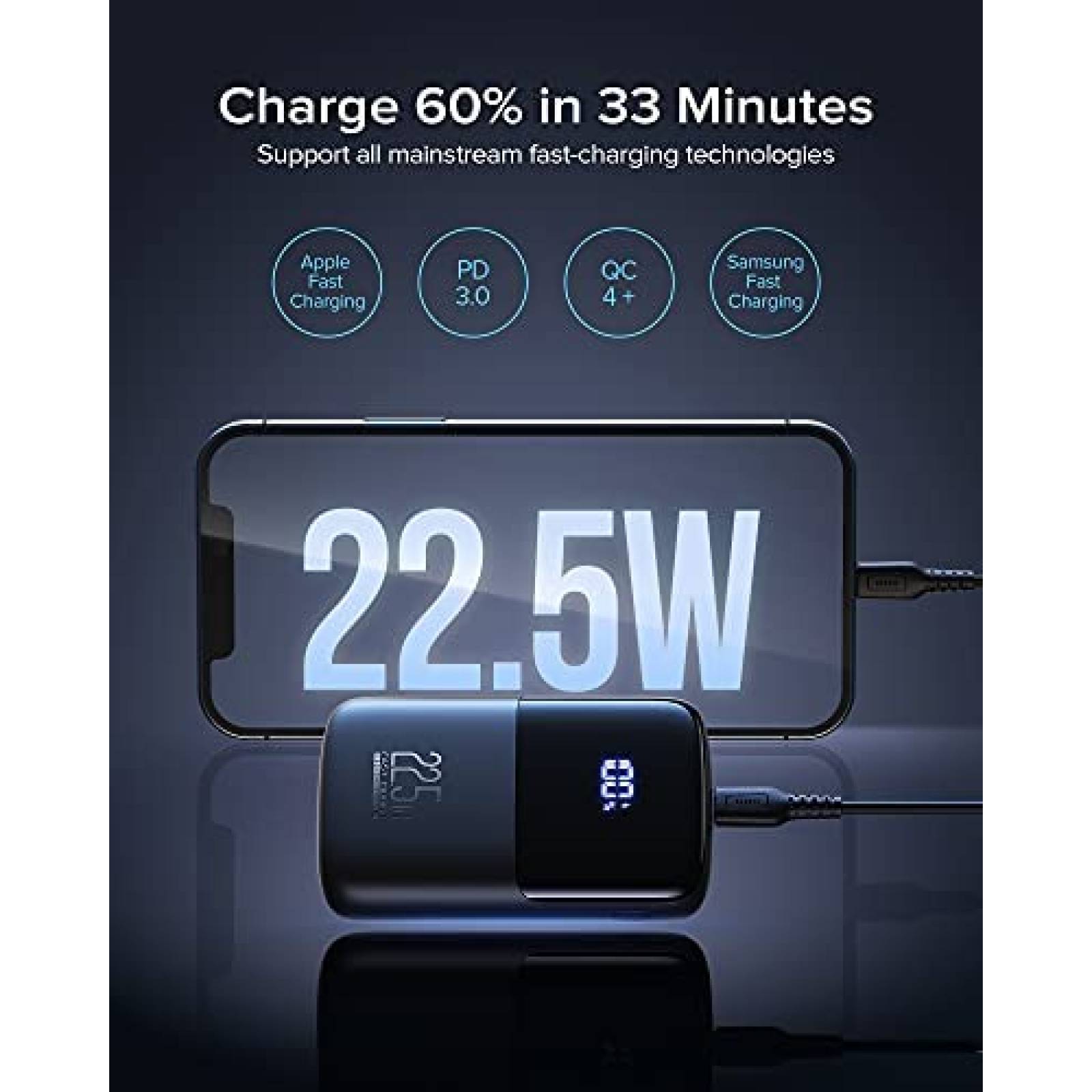 Cargador portatil INIU 22.5W 10000mAh pantalla LED -Negro