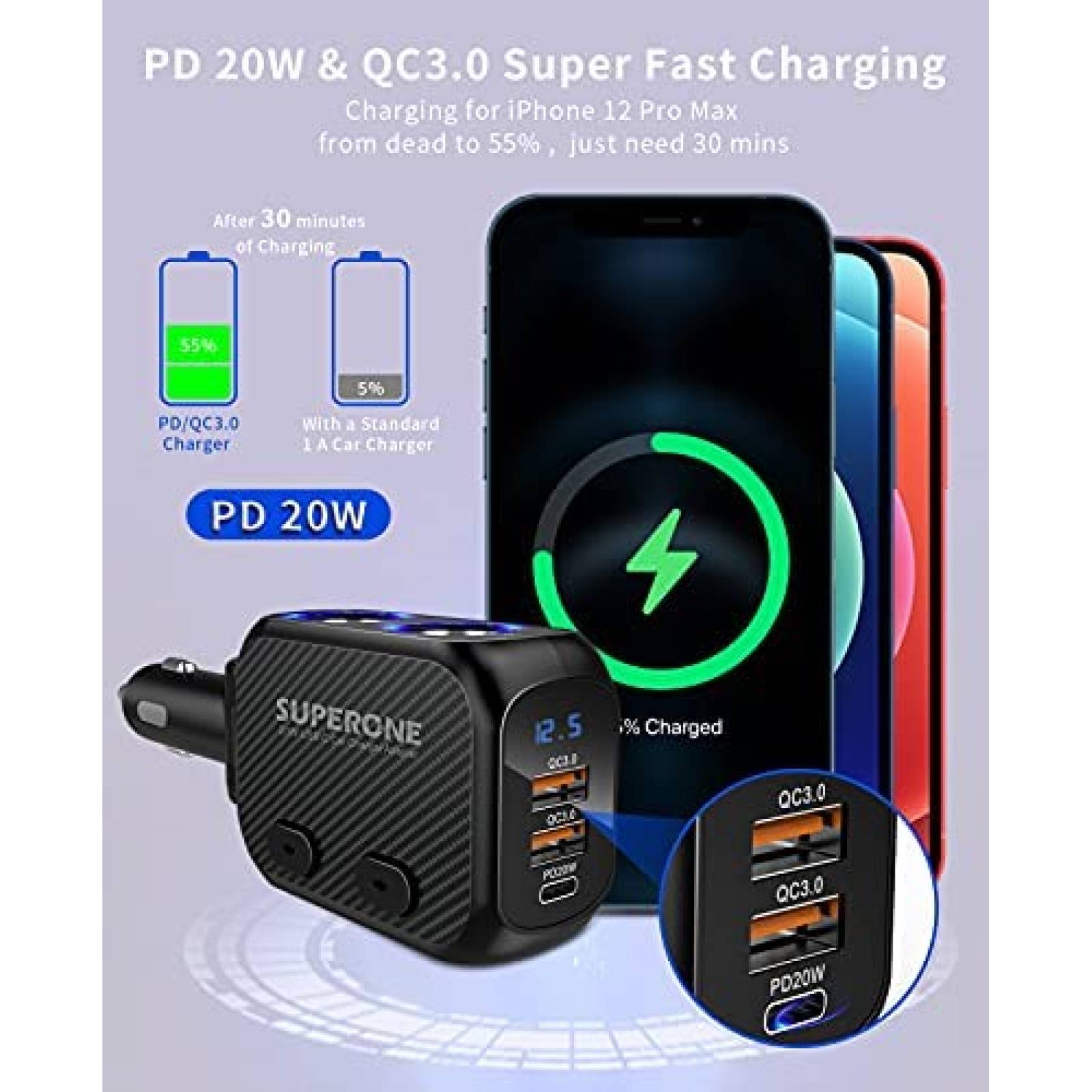 Cargador de coche SUPERONE 180W con 20W PD USB C -Negro