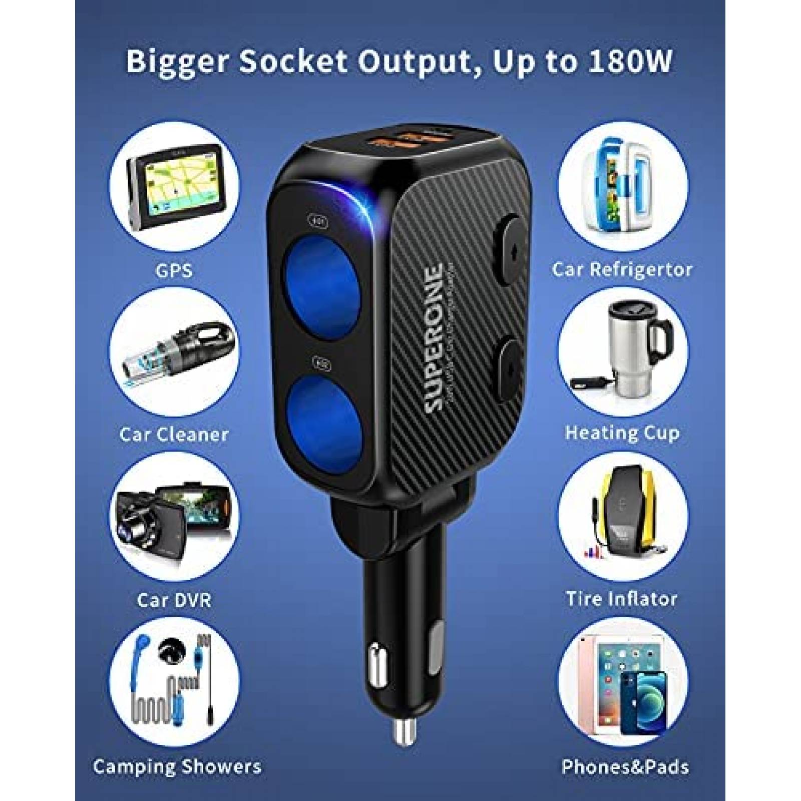 Cargador de coche SUPERONE 180W con 20W PD USB C -Negro