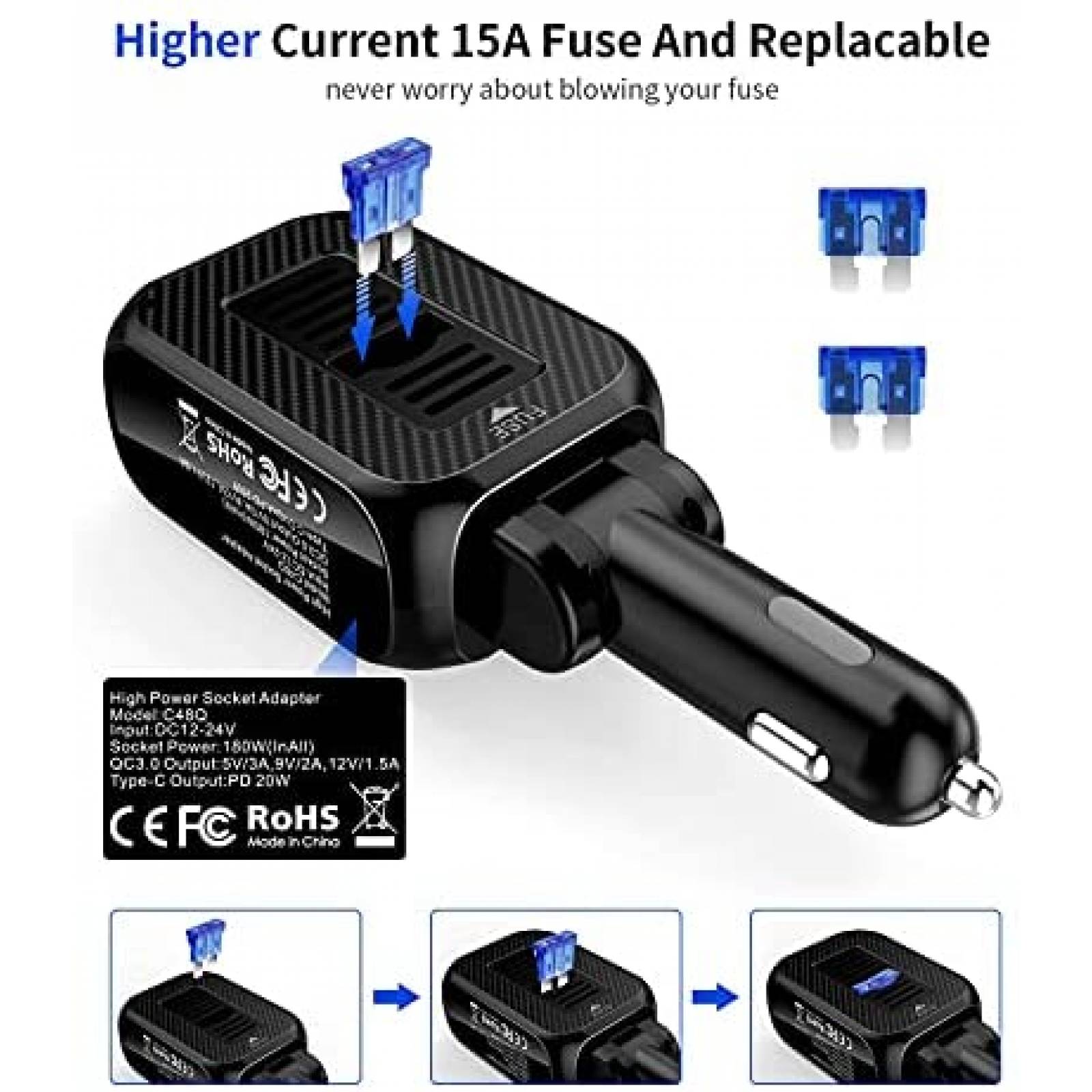 Cargador de coche SUPERONE 180W con 20W PD USB C -Negro