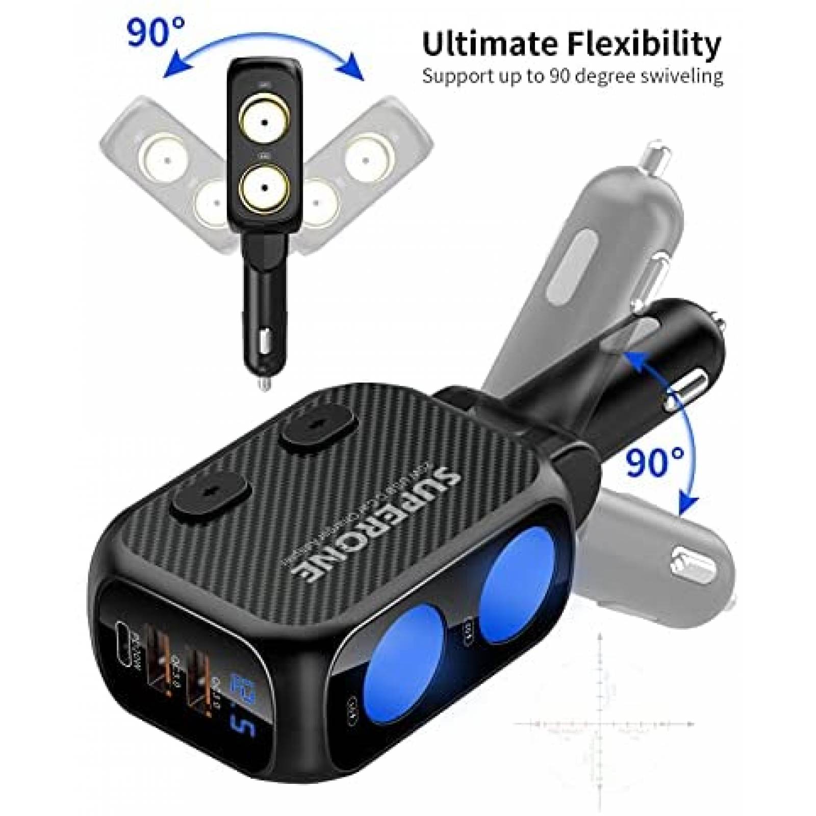 Cargador de coche SUPERONE 180W con 20W PD USB C -Negro