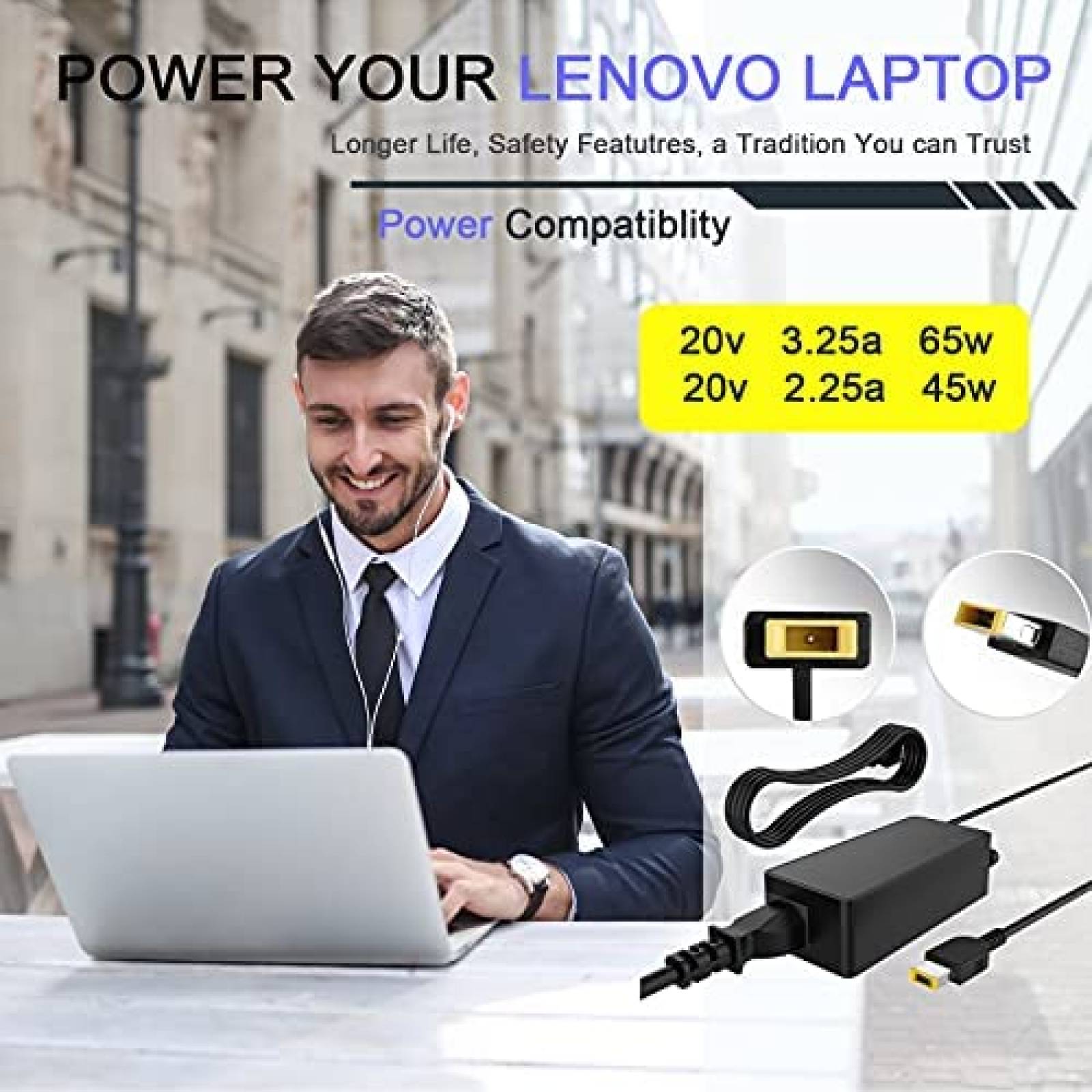 Cargador Uflatek Para Laptop Conector Cuadrado 65 W -Negro