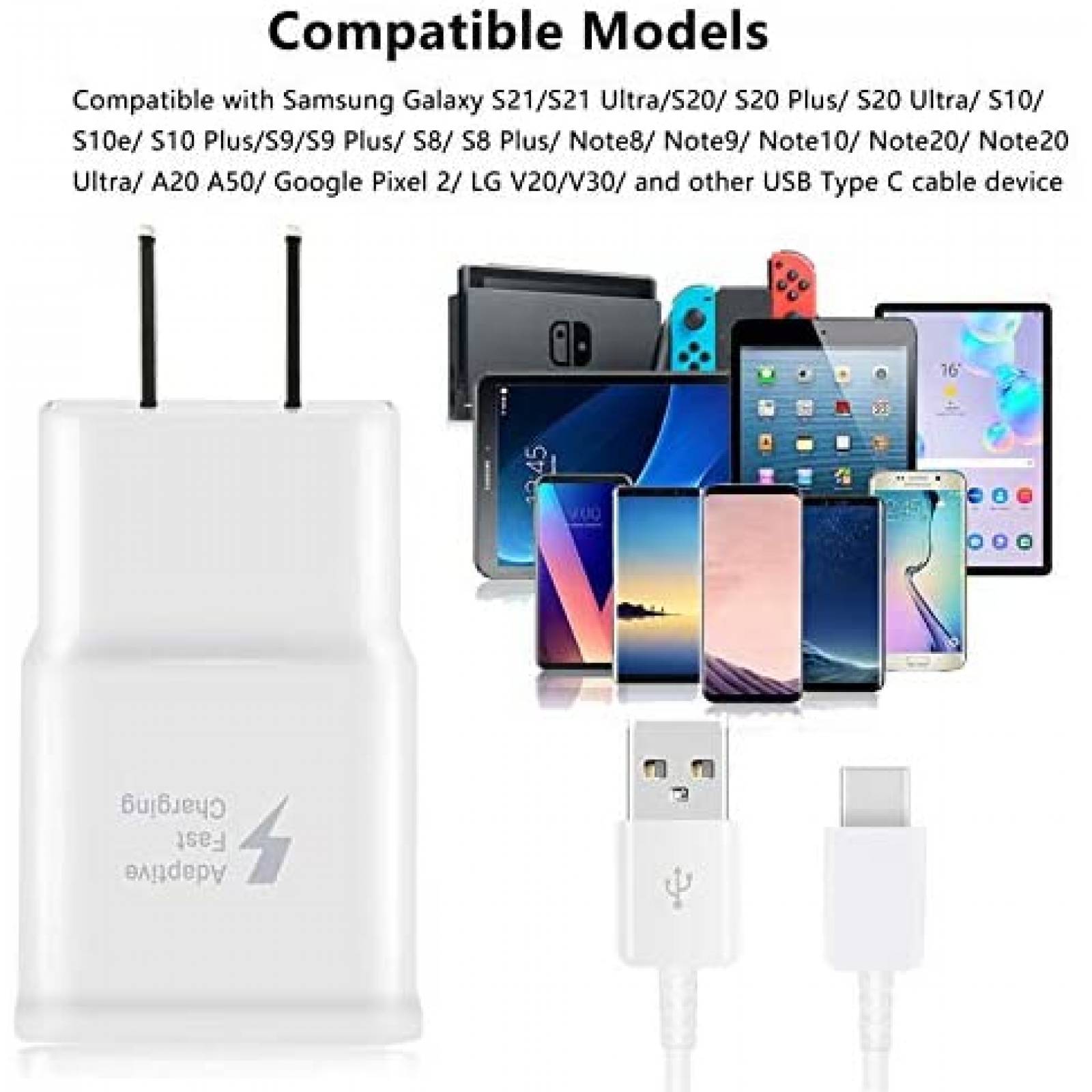 Cargador de Pared KAIMENGLONG USB C de 5 Pies 2 Pzs -Blanco