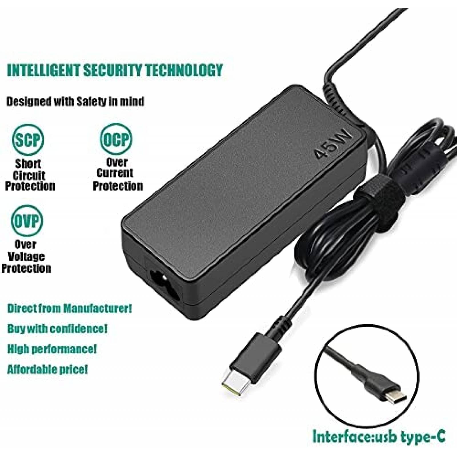 Cargador Universal LNOCCIY USB C p/Lenovo Chromebook -Negro