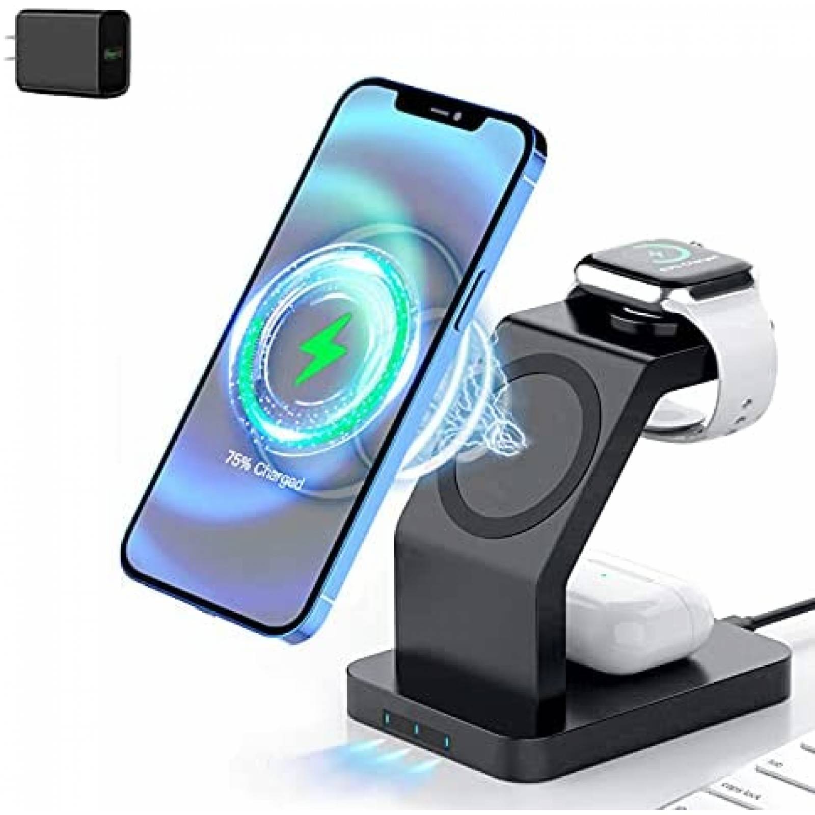 Base de carga NeotrixQI inalambrico magnetico 3 en 1 -Negro