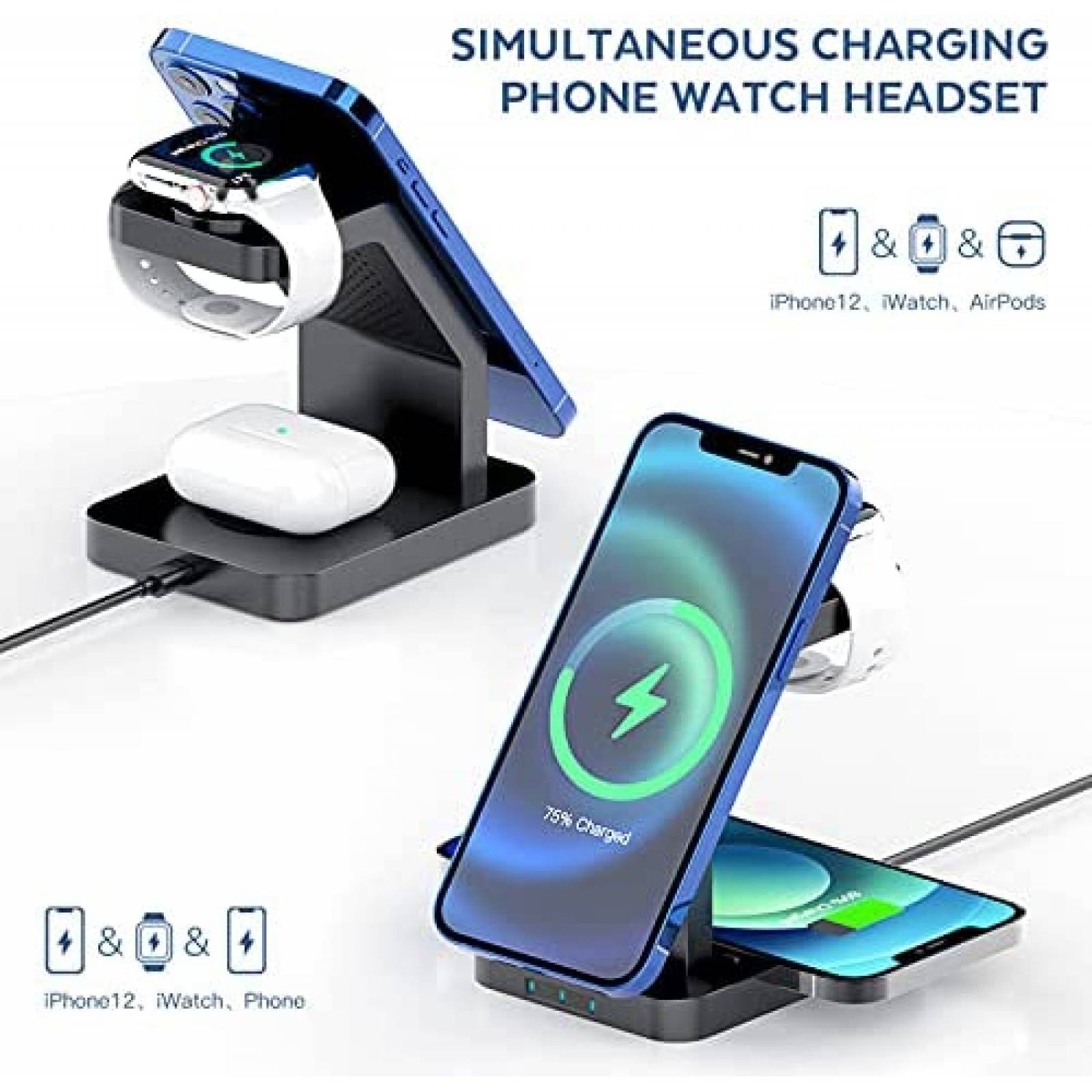 Base de carga NeotrixQI inalambrico magnetico 3 en 1 -Negro