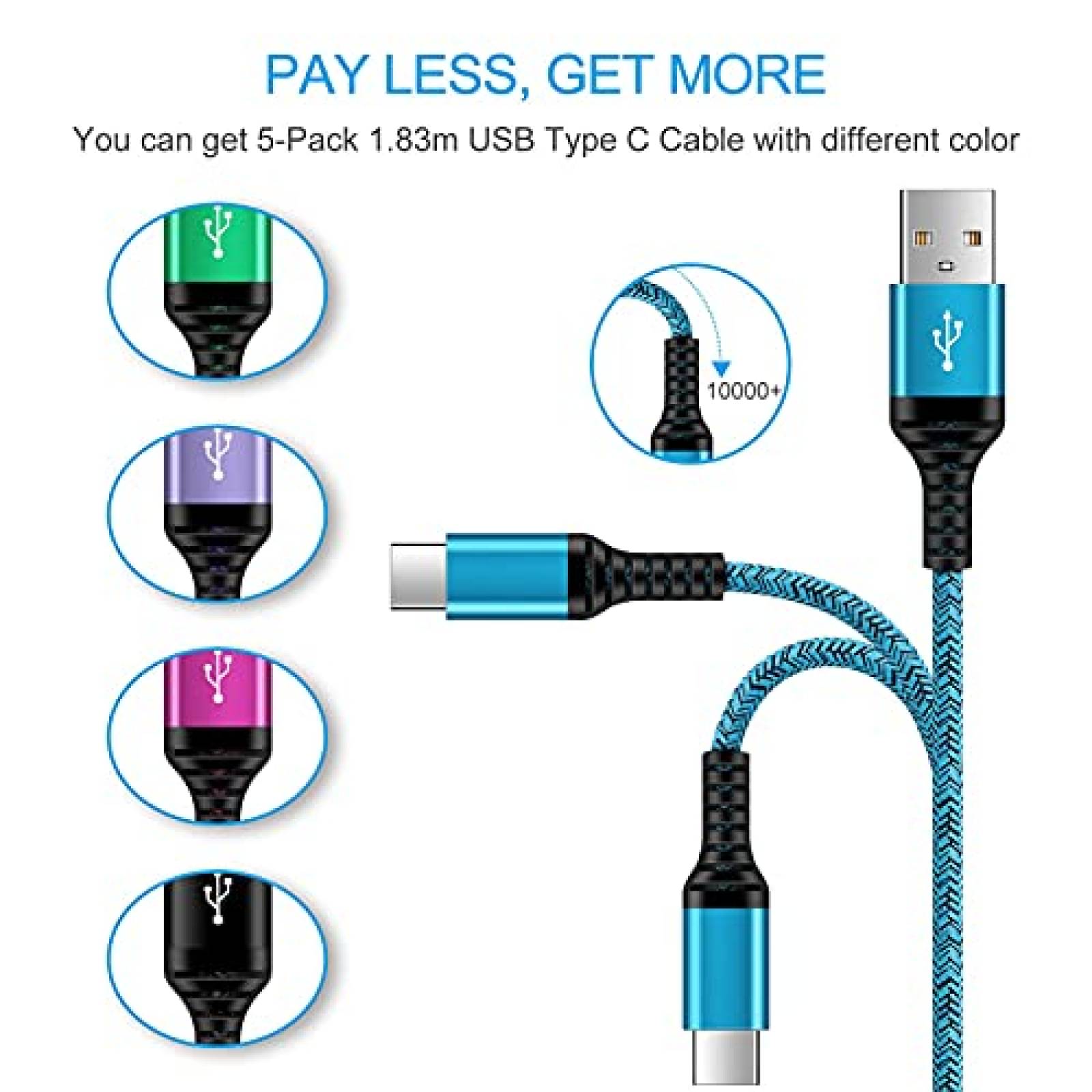 Cable ANDHOT 5 Pzs Carga Rapida USB C 6ft Para Galaxy S21