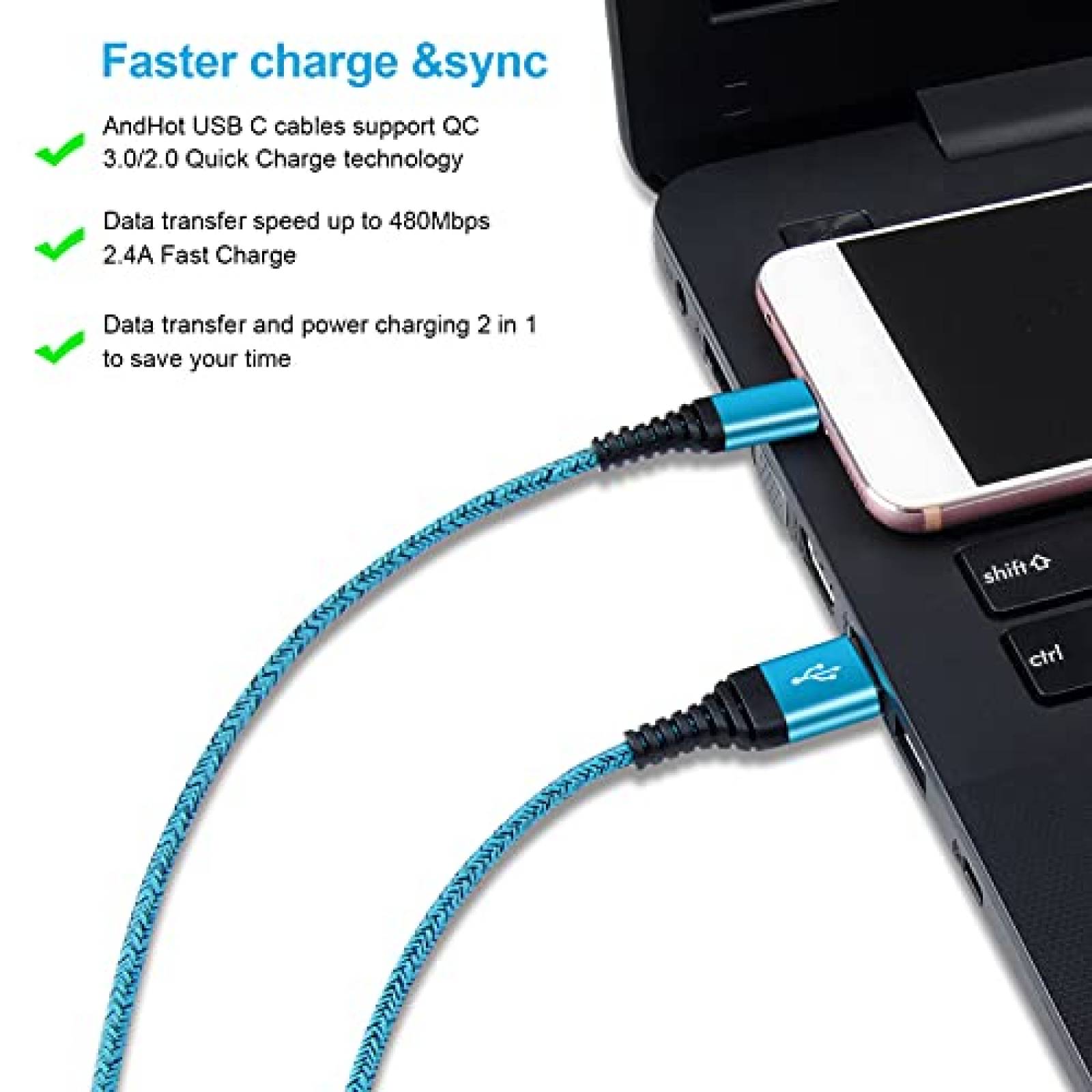 Cable ANDHOT 5 Pzs Carga Rapida USB C 6ft Para Galaxy S21