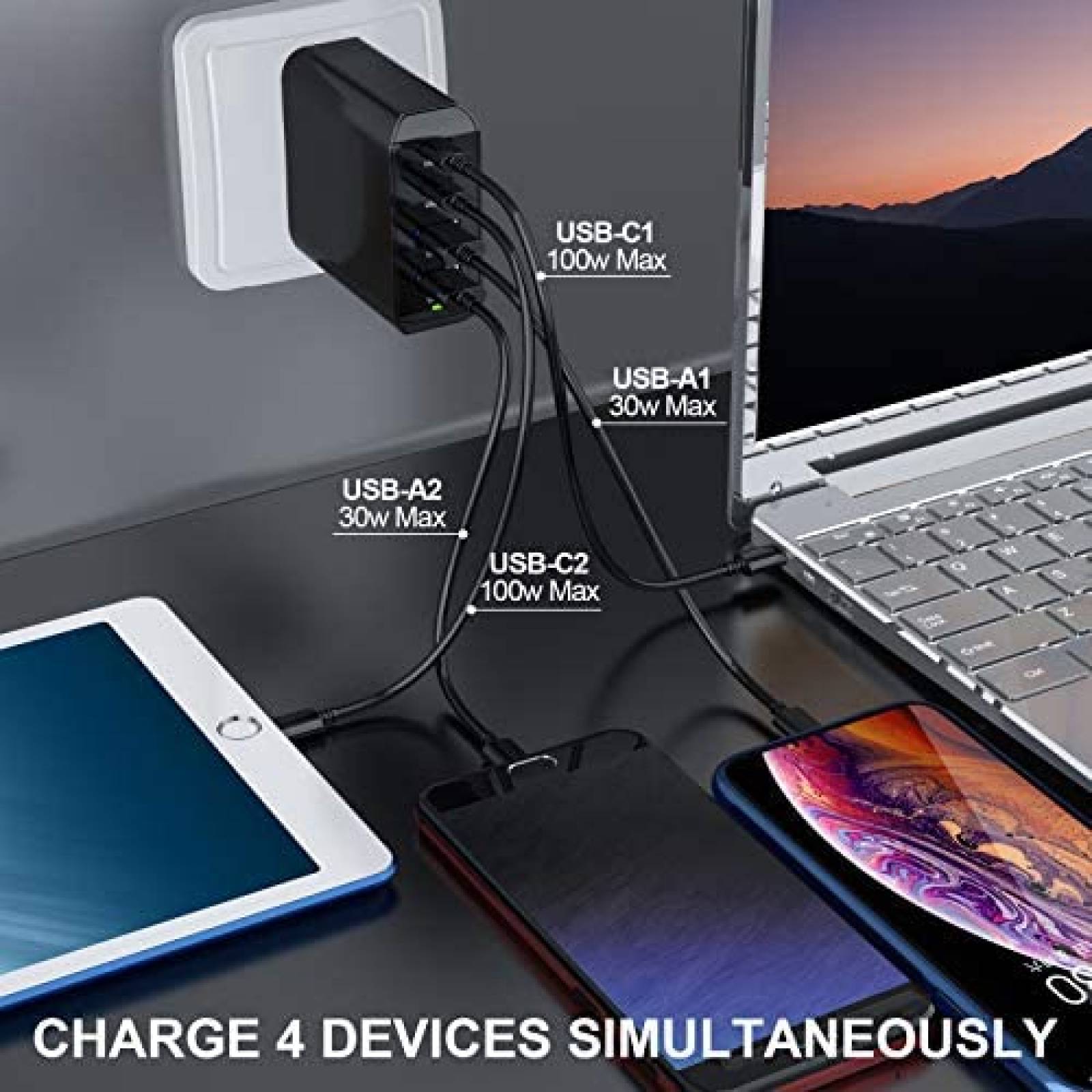 Adaptador de pared USB-C GSHLGAO 100W 4 puertos -Negro