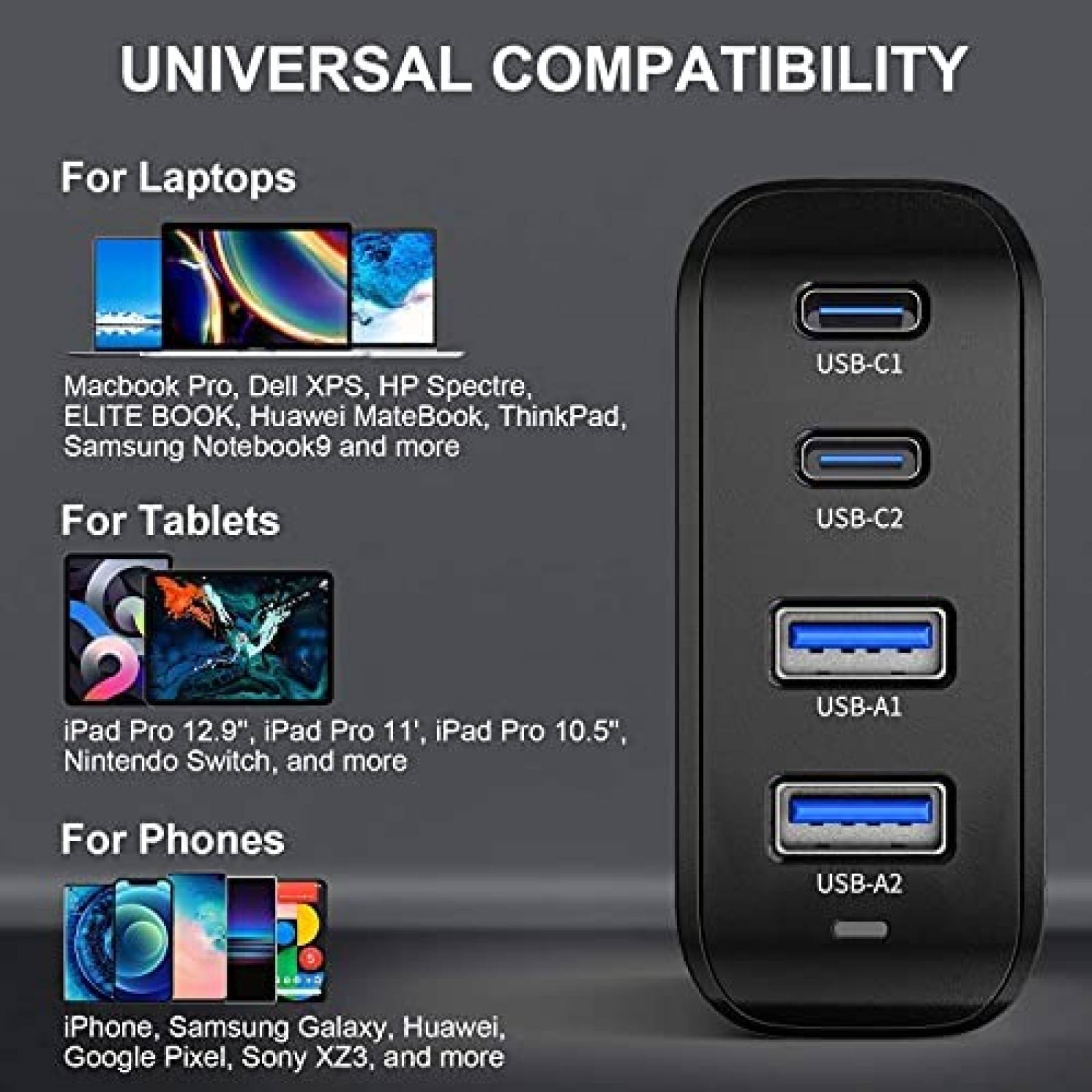 Adaptador de pared USB-C GSHLGAO 100W 4 puertos -Negro