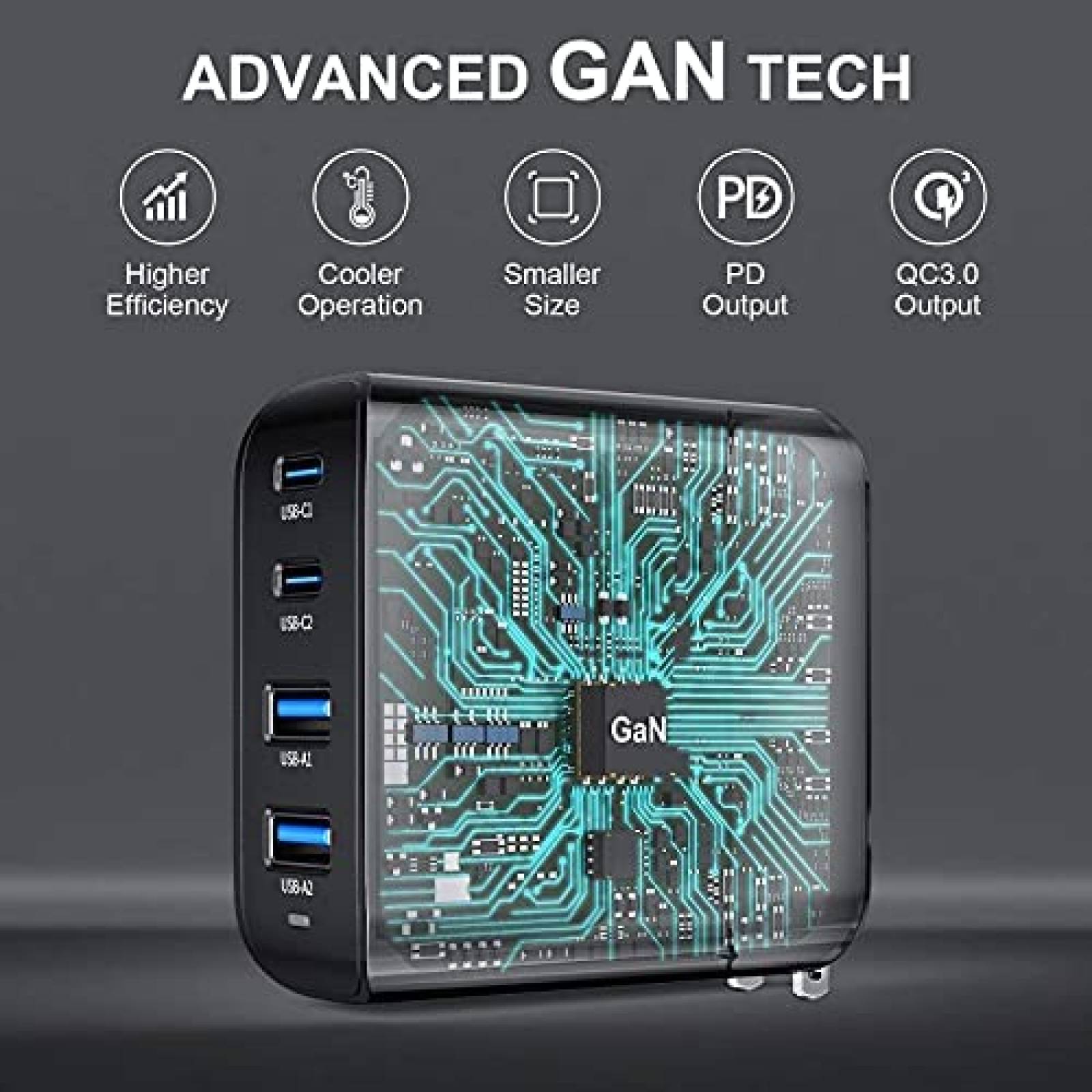 Adaptador de pared USB-C GSHLGAO 100W 4 puertos -Negro