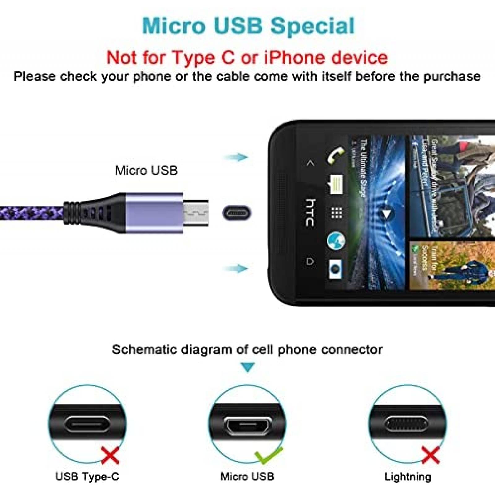 Cable Micro USB Vifigen 6 pies USB Compatible -Morado