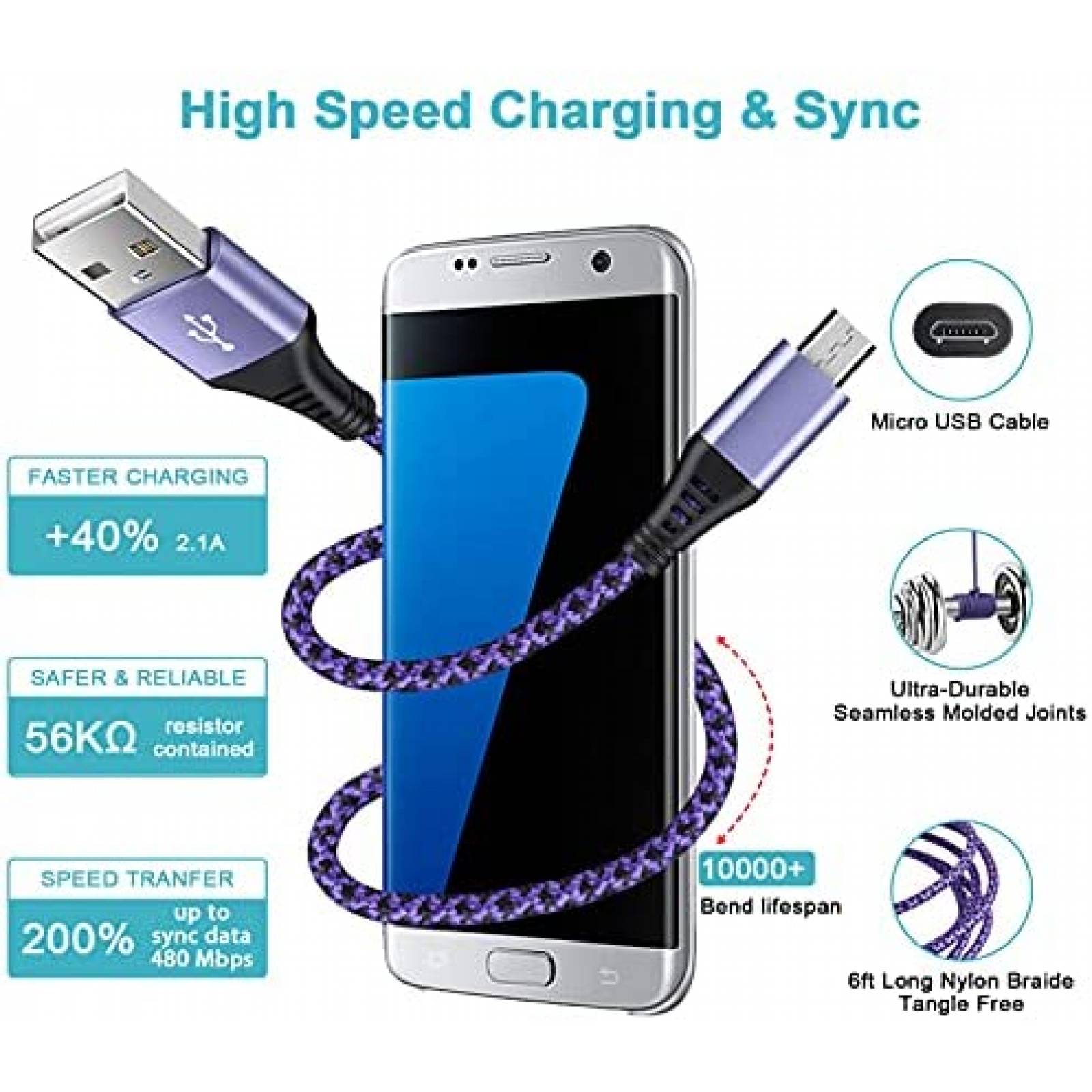 Cable Micro USB Vifigen 6 pies USB Compatible -Morado