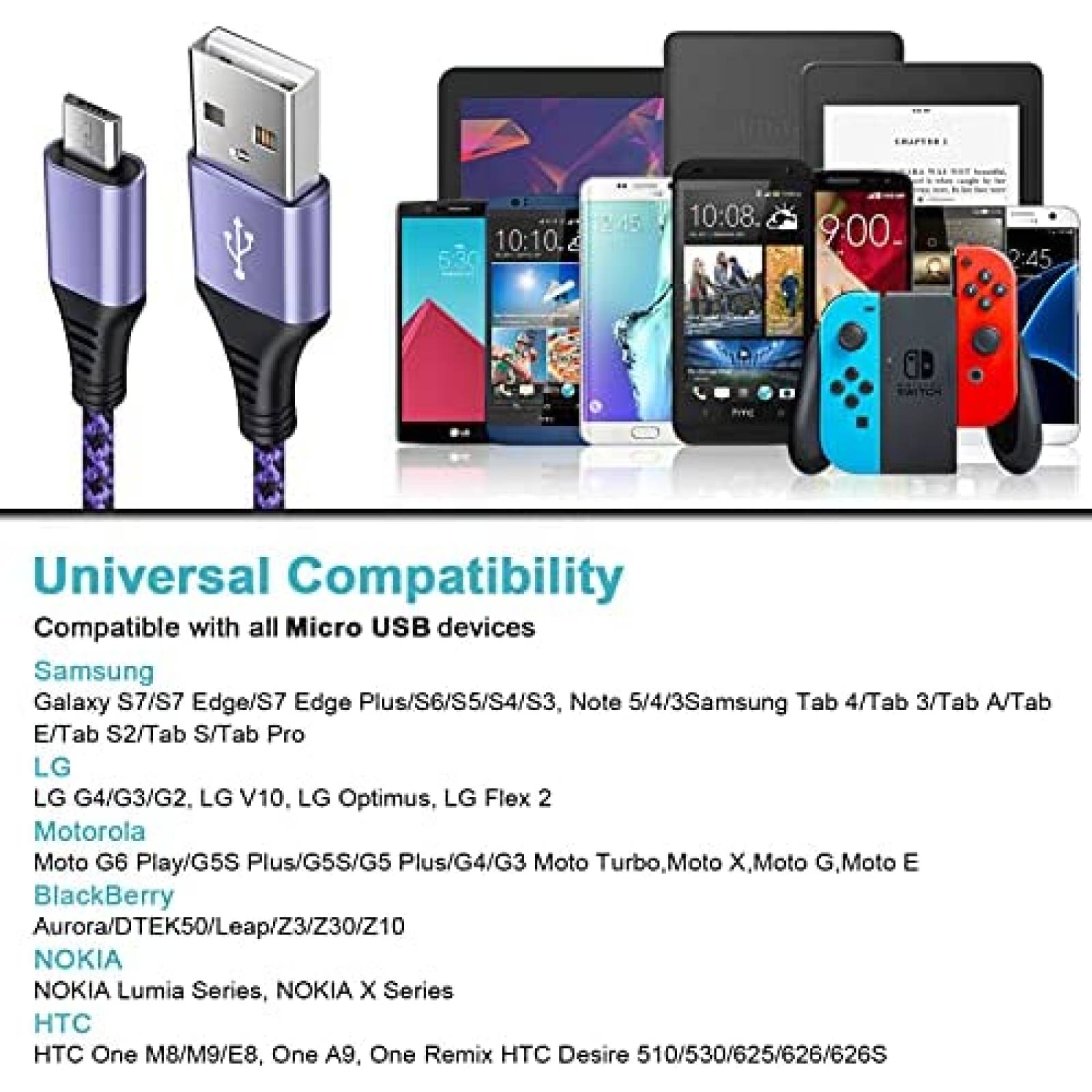 Cable Micro USB Vifigen 6 pies USB Compatible -Morado