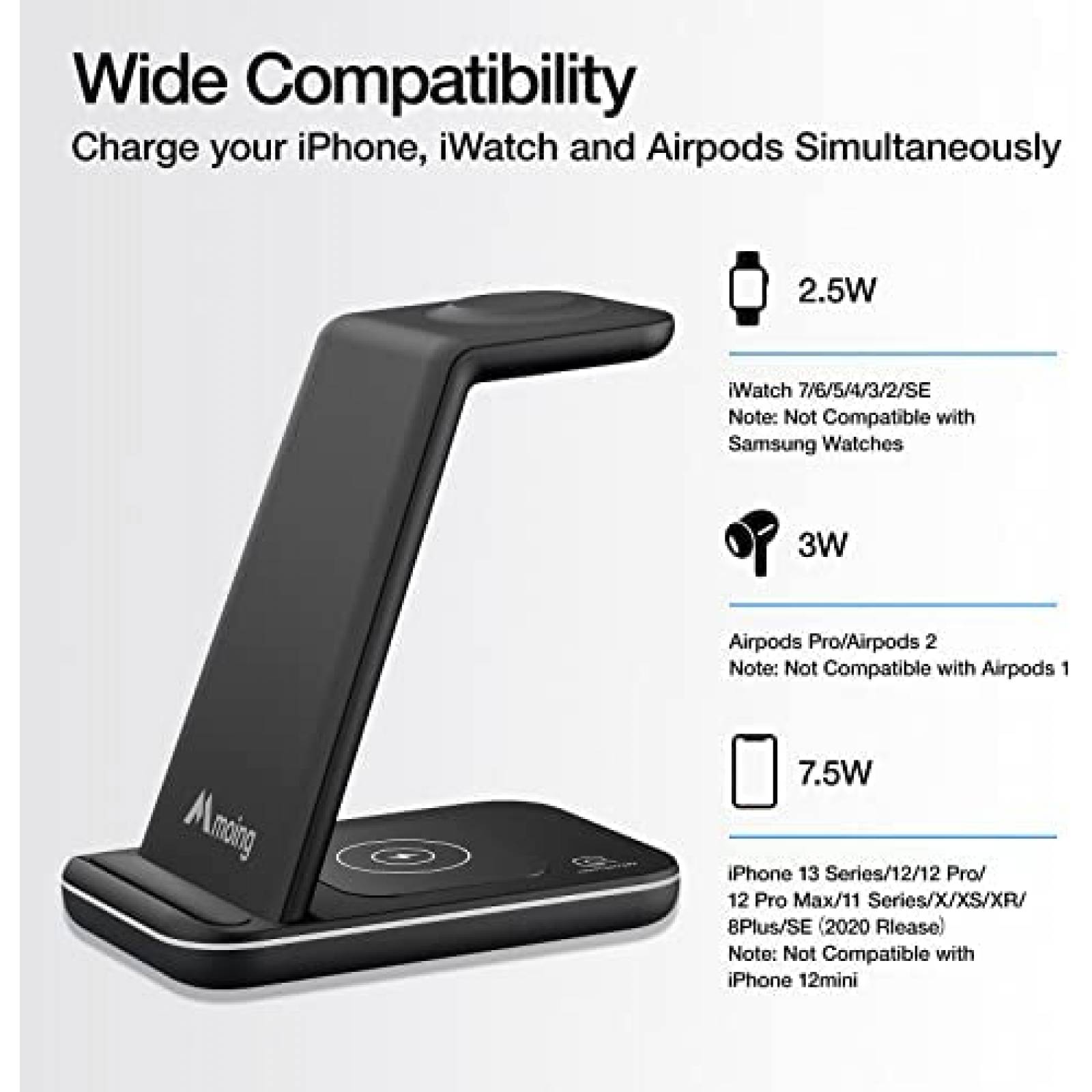 Cargador Qi 3 en 1 Moing para Reloj/Audifonos/Celular -Negro