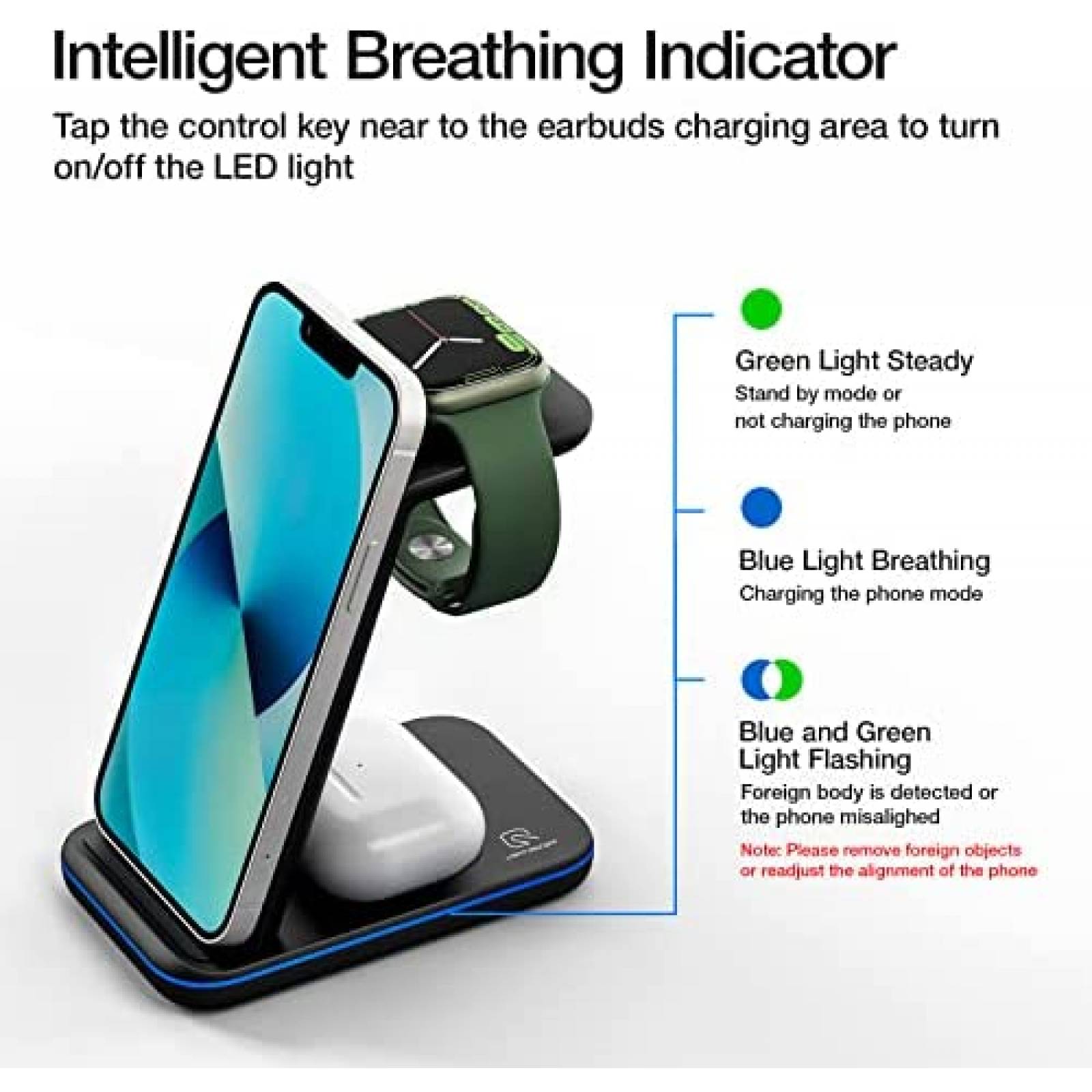 Cargador Qi 3 en 1 Moing para Reloj/Audifonos/Celular -Negro