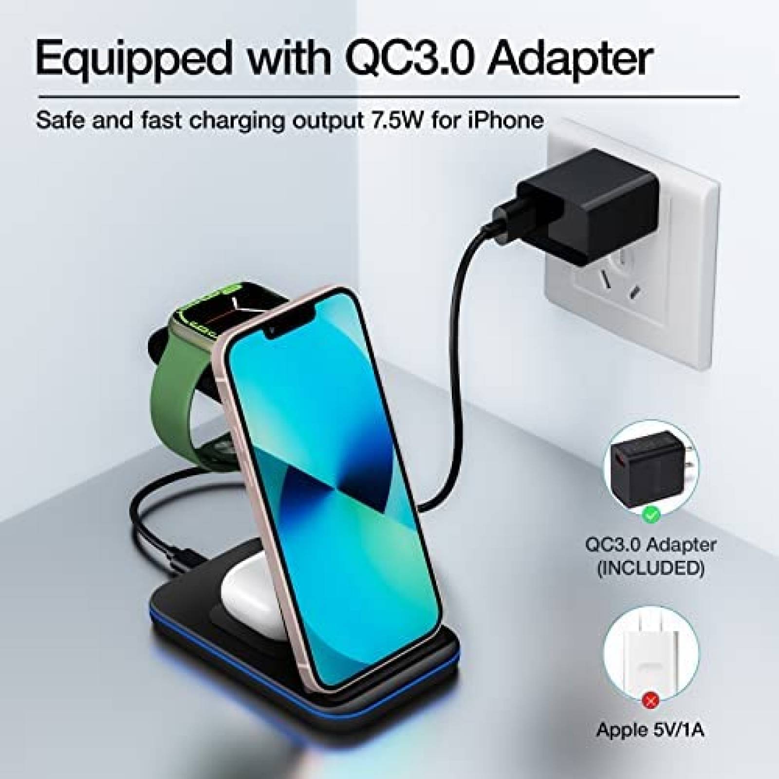 Cargador Qi 3 en 1 Moing para Reloj/Audifonos/Celular -Negro