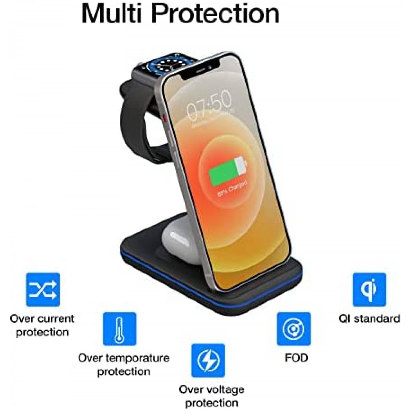 Cargador Qi 3 en 1 Moing para Reloj/Audifonos/Celular -Negro