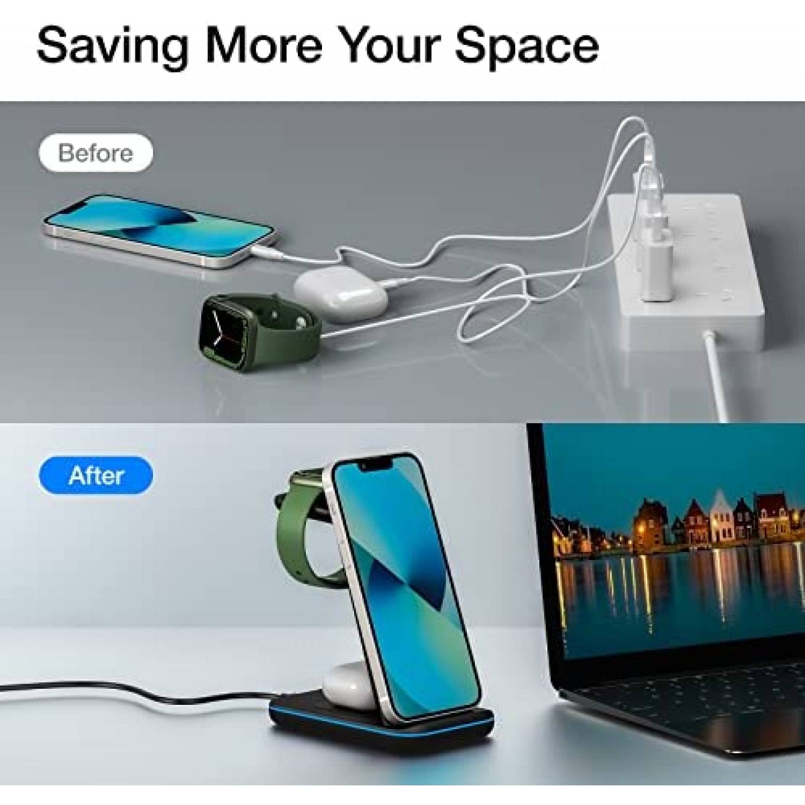 Cargador Qi 3 en 1 Moing para Reloj/Audifonos/Celular -Negro