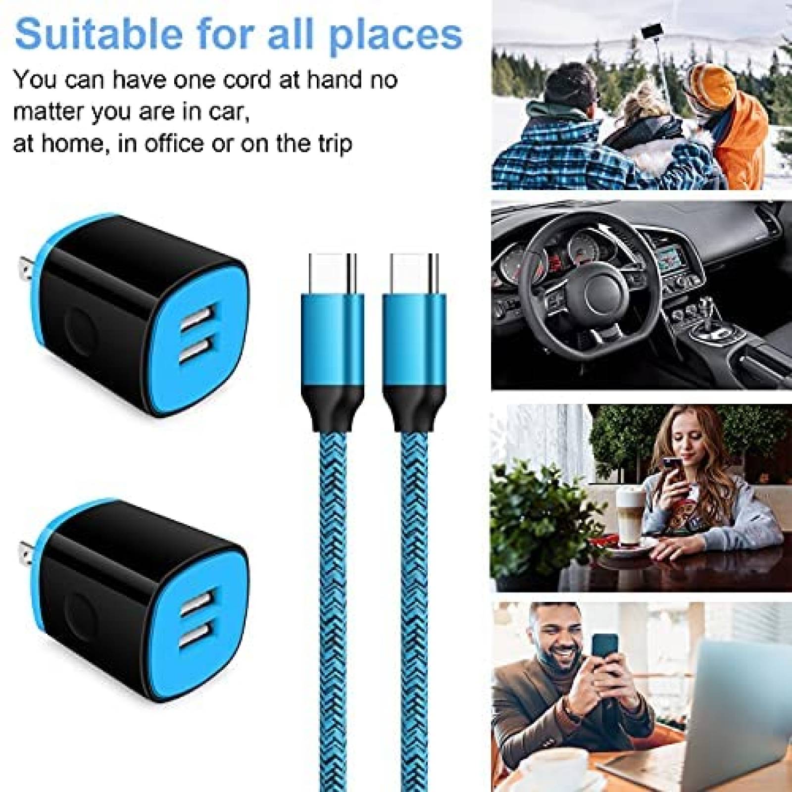 Cargador de Pared RePind USB a USB C de 6 Pies -Azul/Negro