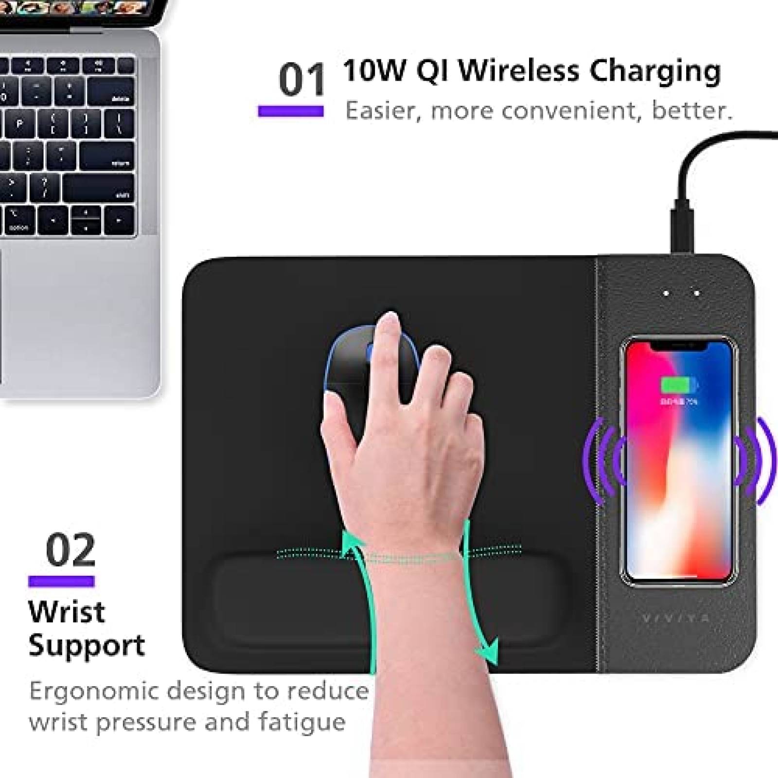 Mouse Pad VIVIYA con Funcion de Cargador Inalambrico -Negro