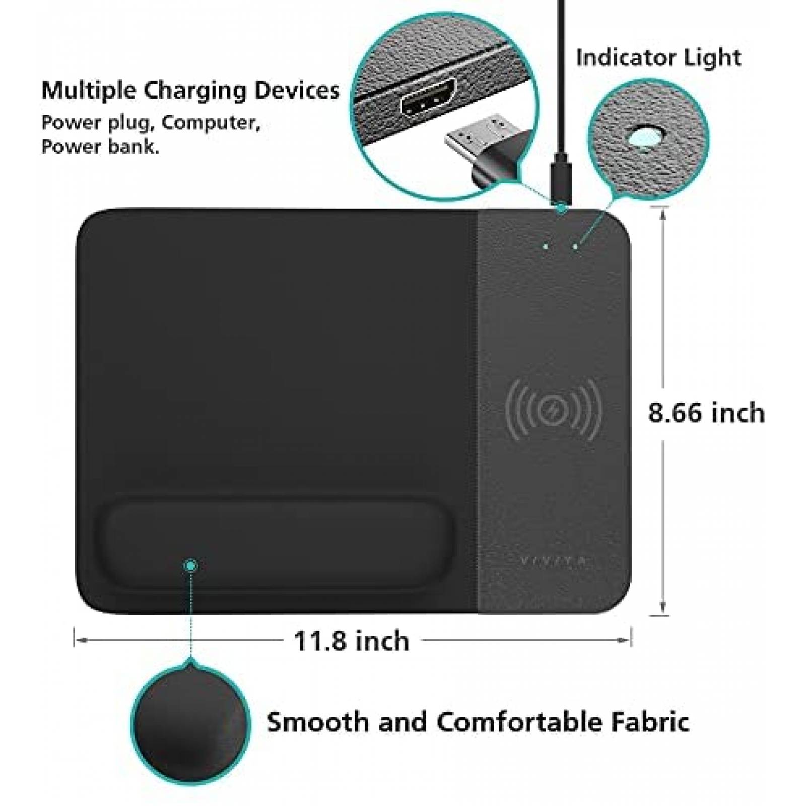 Mouse Pad VIVIYA con Funcion de Cargador Inalambrico -Negro