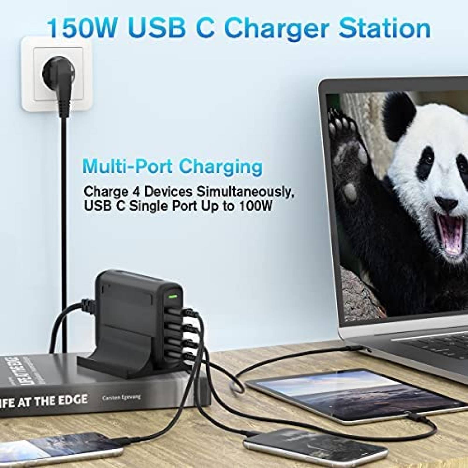 Cargador FEEYOO 150W USB C 4 puertos 100W Compatible -Negro