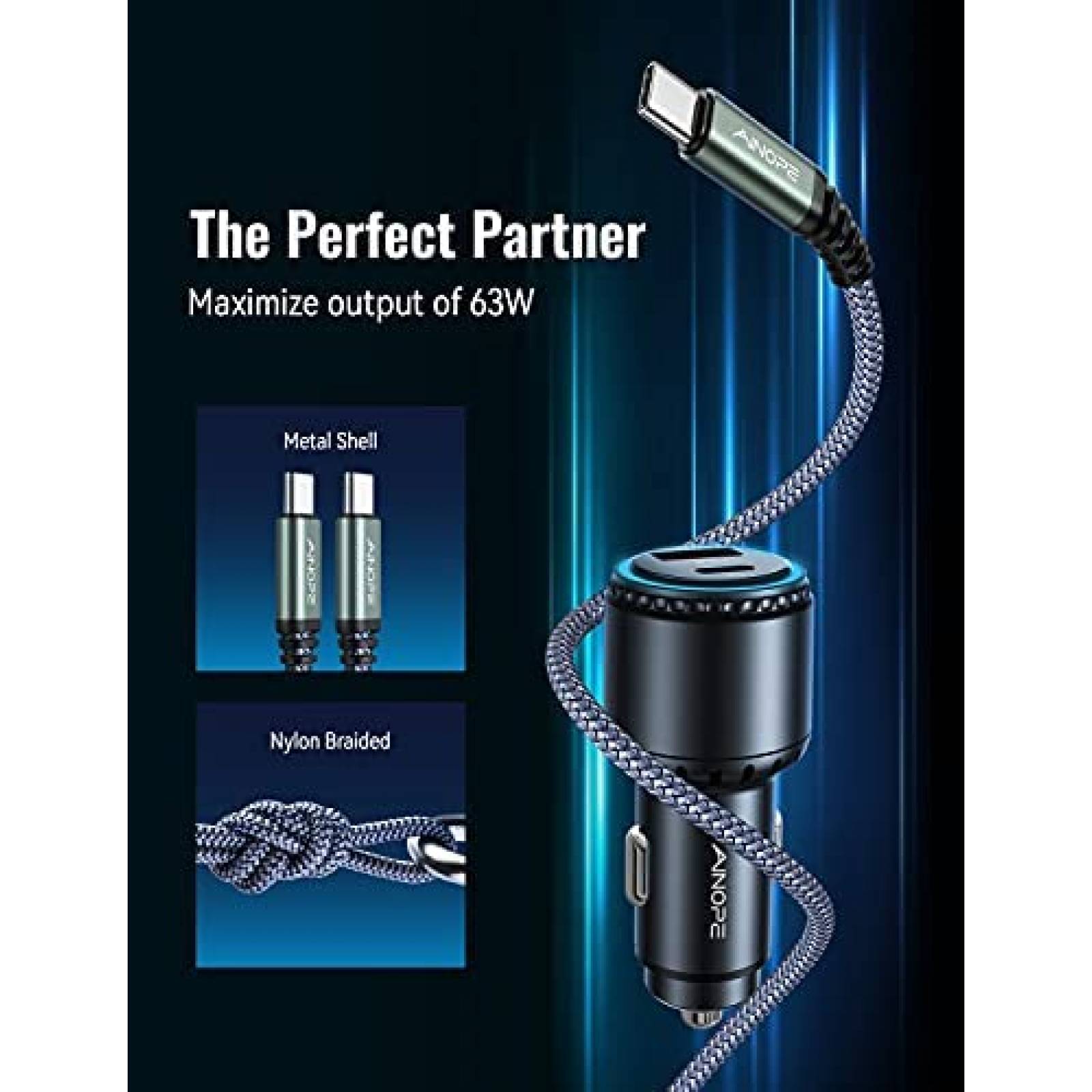 Cargador de coche AINOPE de carga rapida 63W USB C -Negro