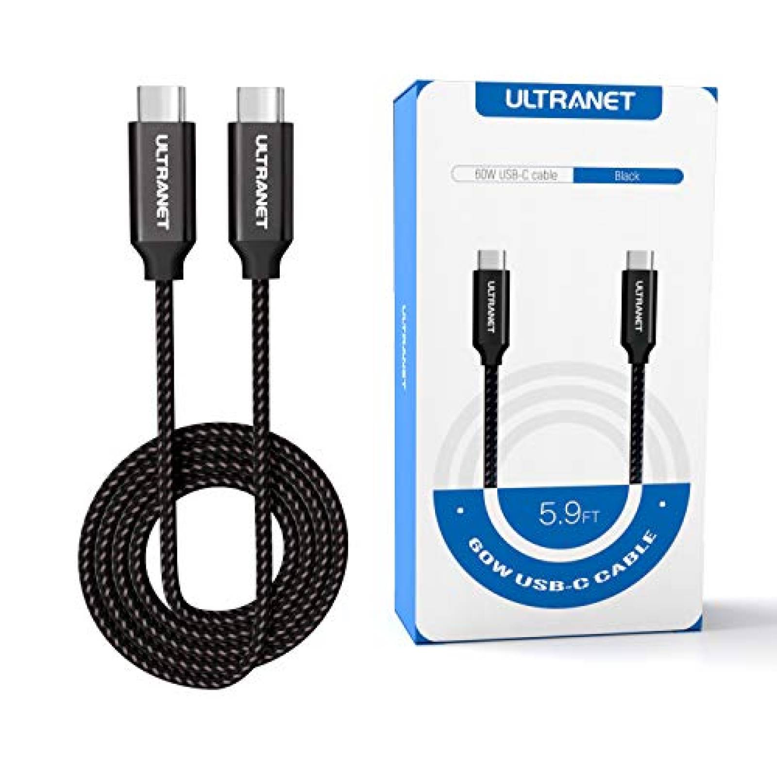 Cable USB C ULTRANET 60W USB C a USB C de 5,5ft -Negro