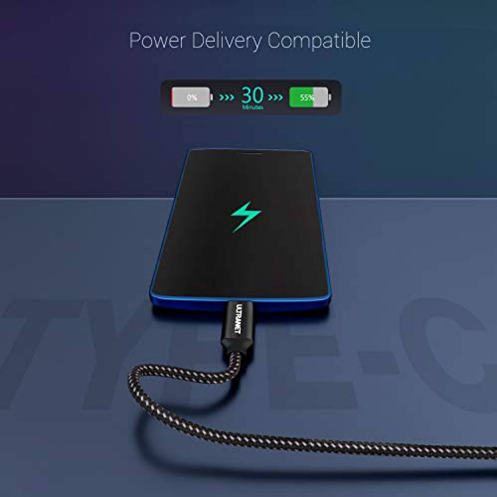 Cable USB C ULTRANET 60W USB C a USB C de 5,5ft -Negro