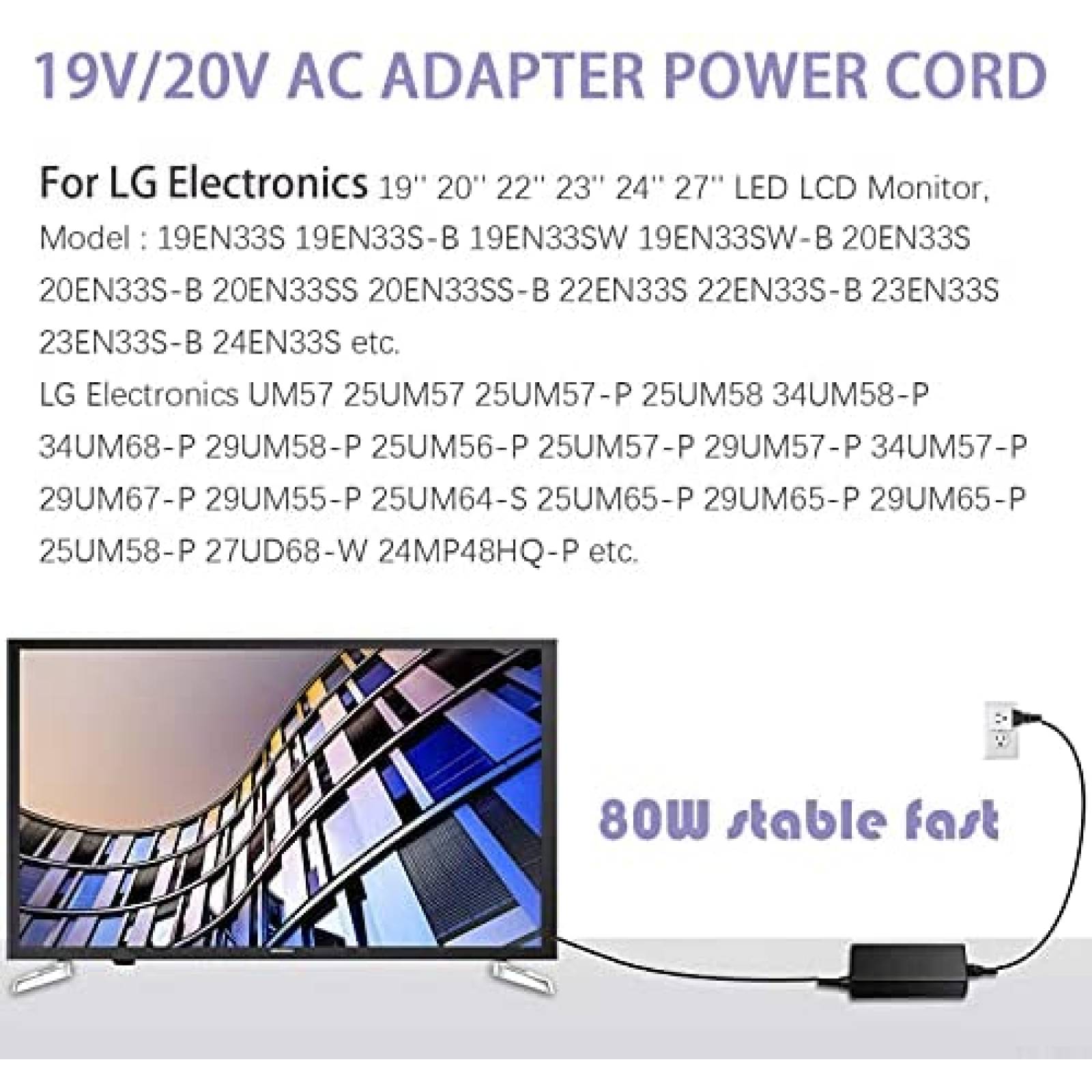 Cargador AISENBO 20V 4A para Monitor LG 19'' a 27'' -Negro