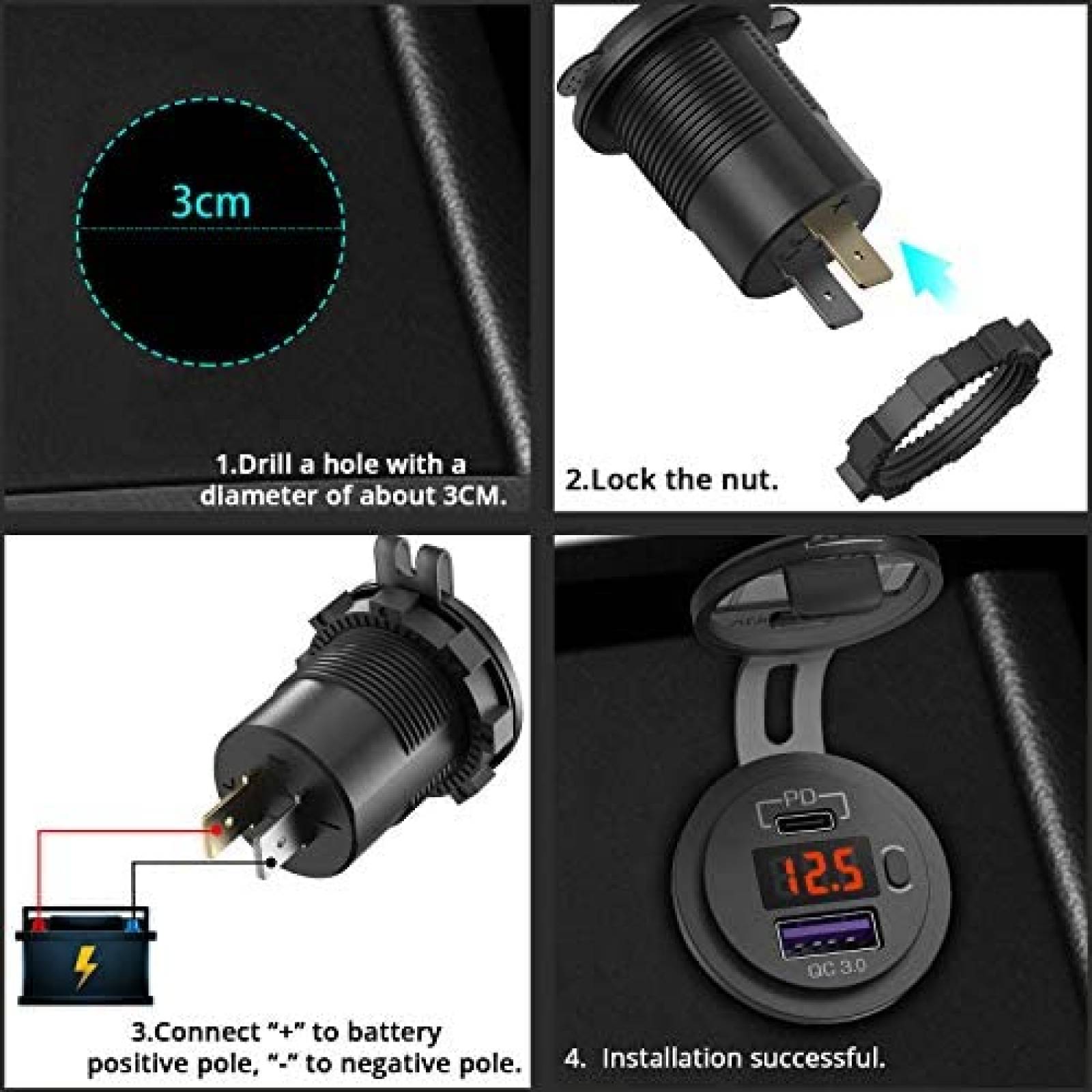 Adaptador de auto para cable USB C Ouffun 12V -Negro